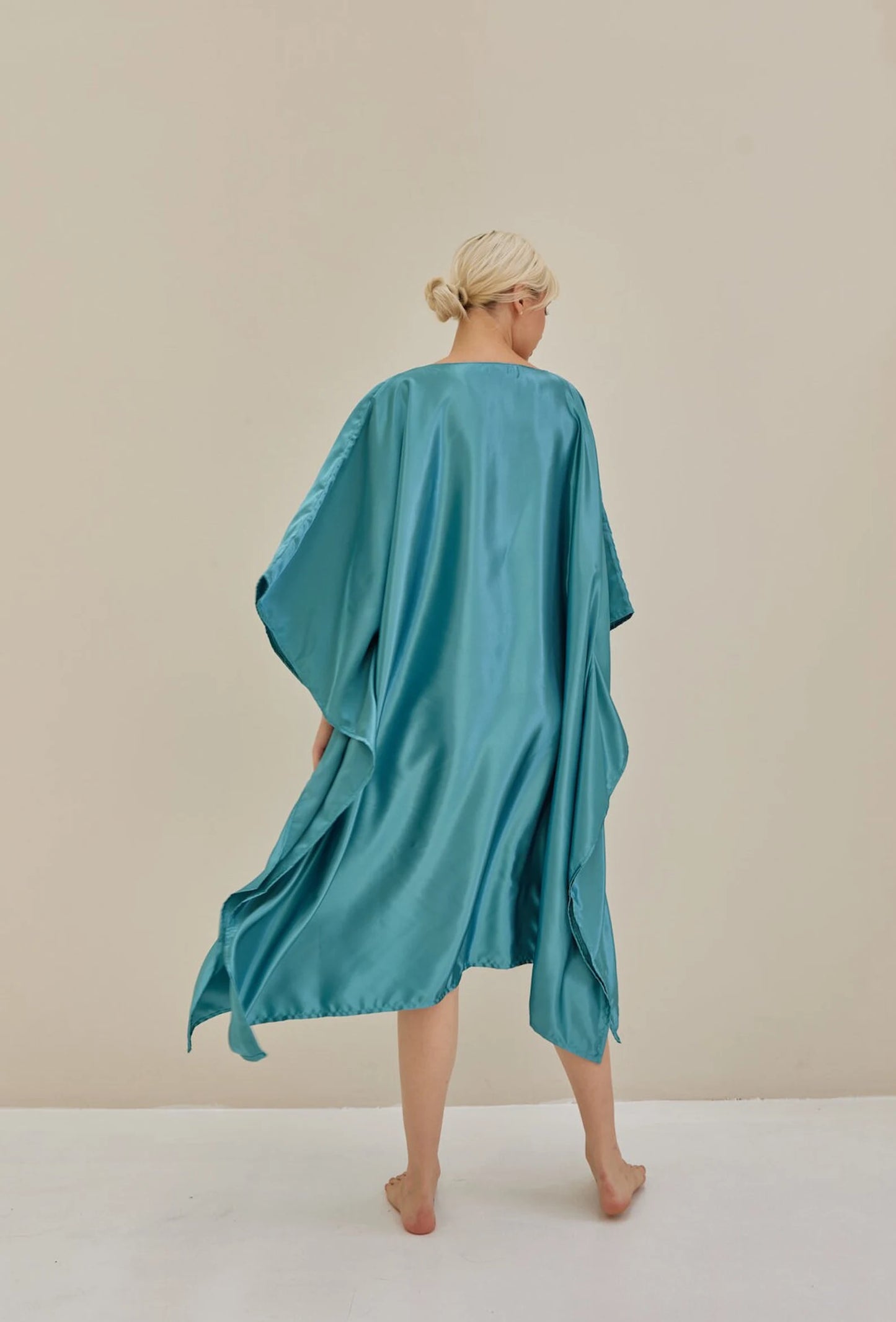 Turquoise Kaftan Blue Bat Wing Loose Silk Kaftan Dress Luxury Soft Dressing Gown