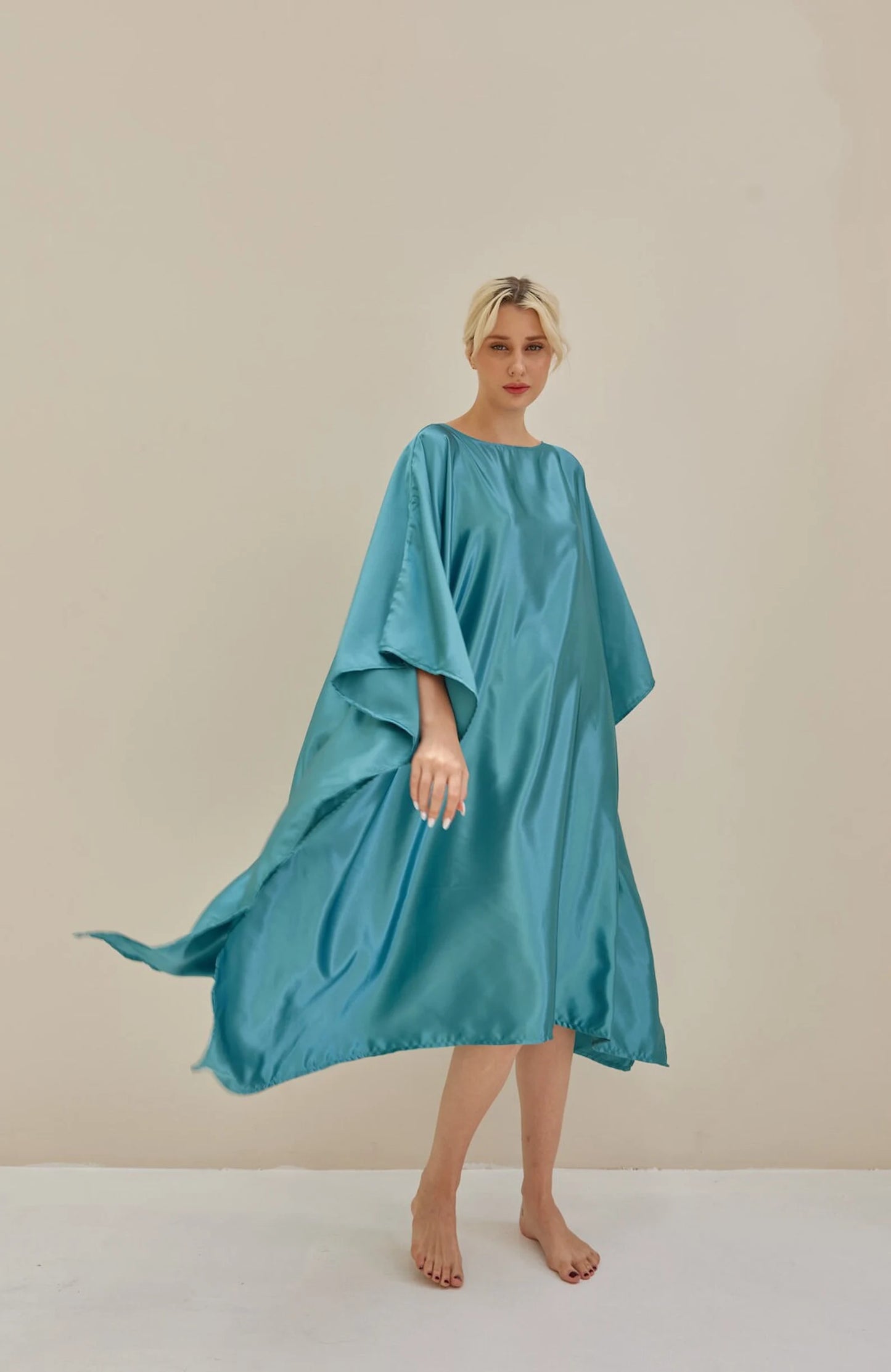 Turquoise Kaftan Blue Bat Wing Loose Silk Kaftan Dress Luxury Soft Dressing Gown