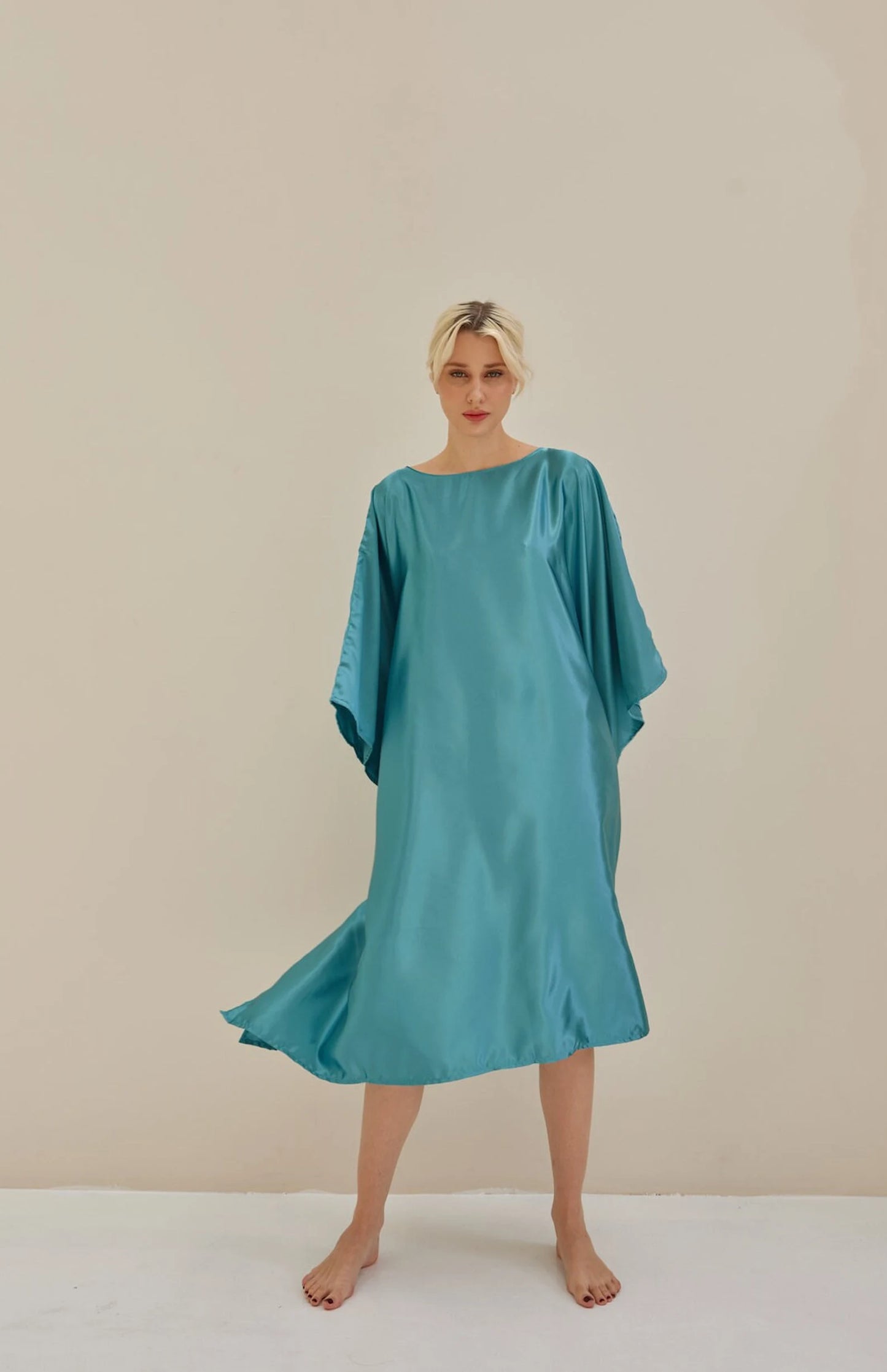 Turquoise Kaftan Blue Bat Wing Loose Silk Kaftan Dress Luxury Soft Dressing Gown