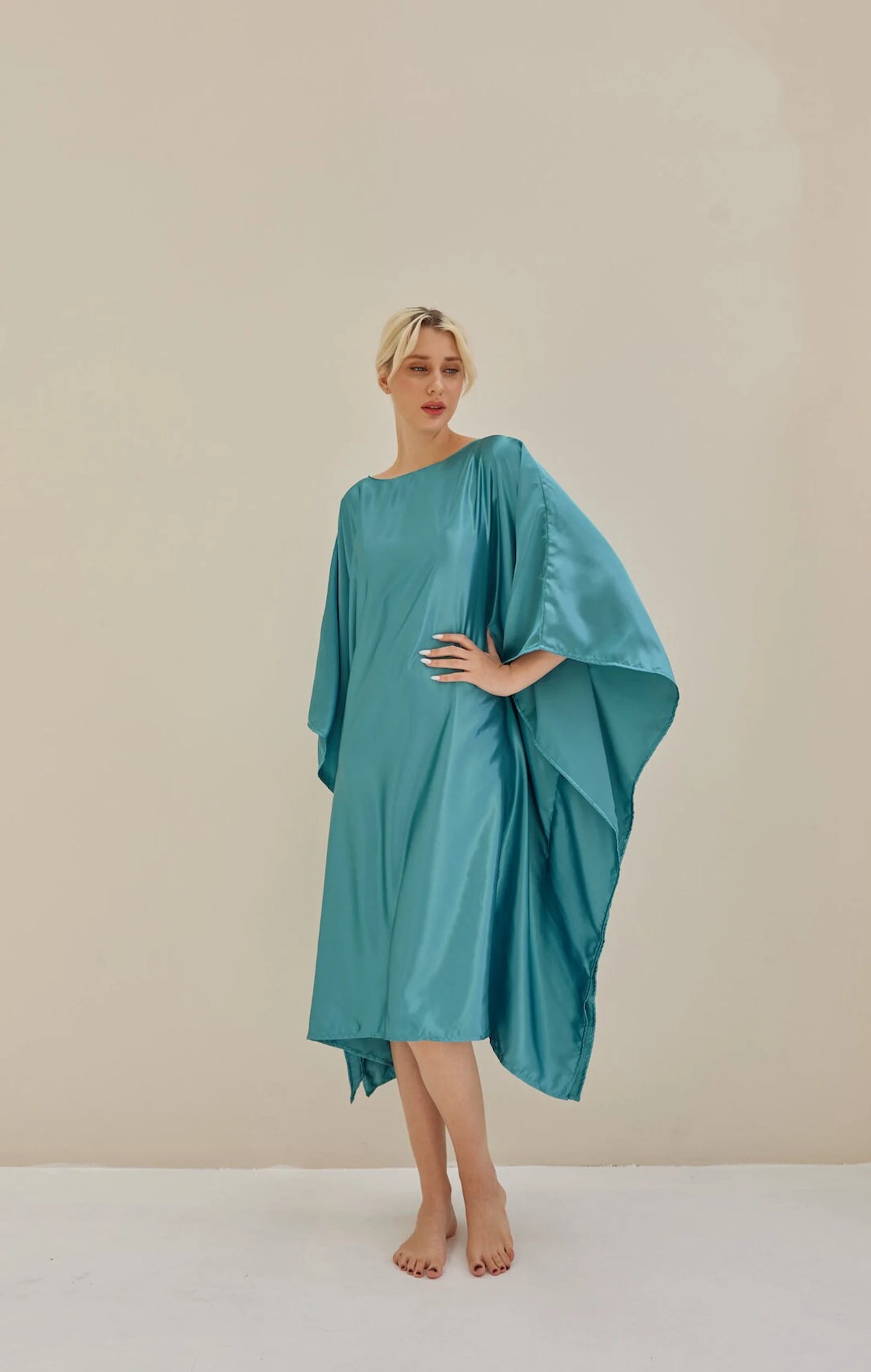 Turquoise Kaftan Blue Bat Wing Loose Silk Kaftan Dress Luxury Soft Dressing Gown