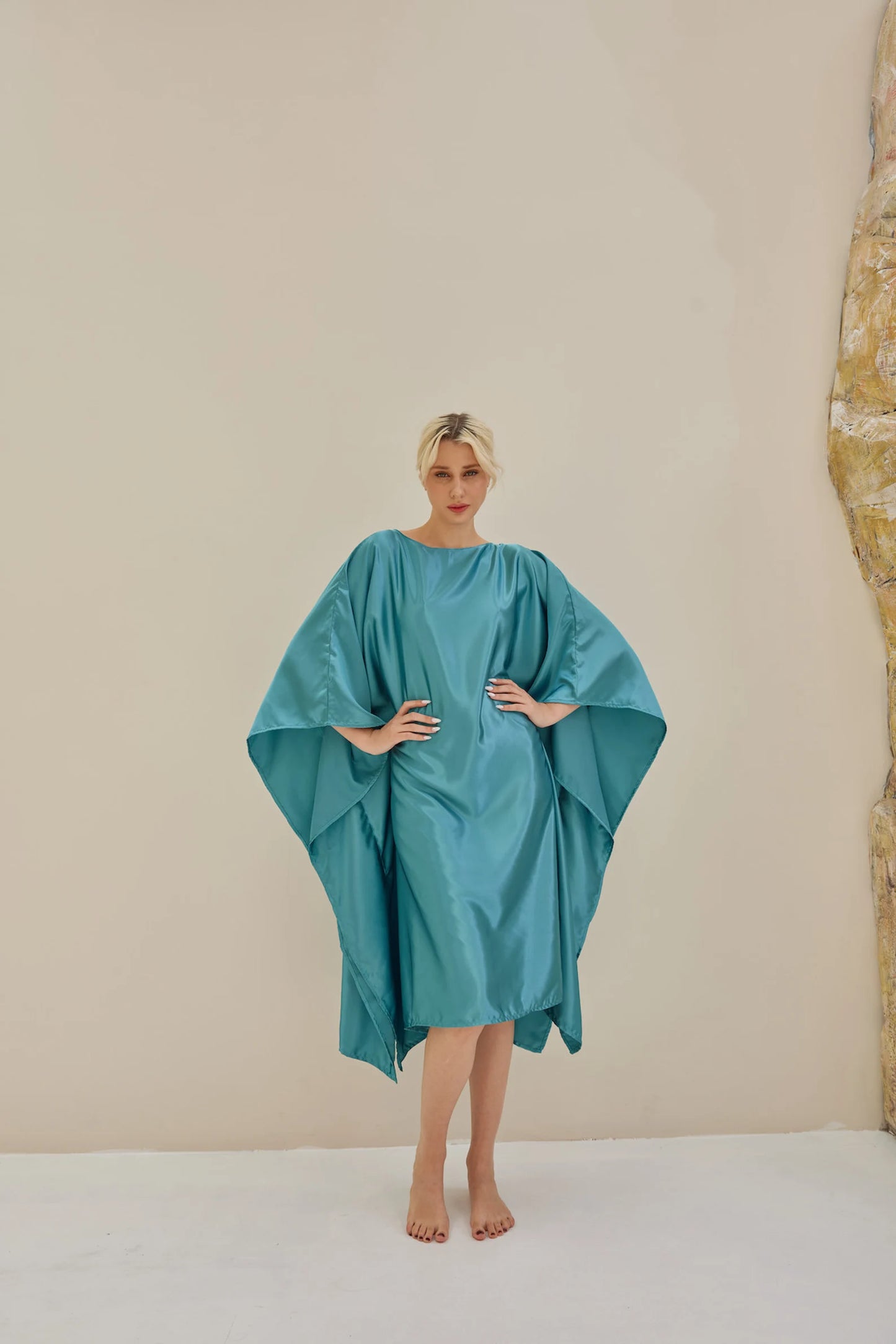 Turquoise Kaftan Blue Bat Wing Loose Silk Kaftan Dress Luxury Soft Dressing Gown