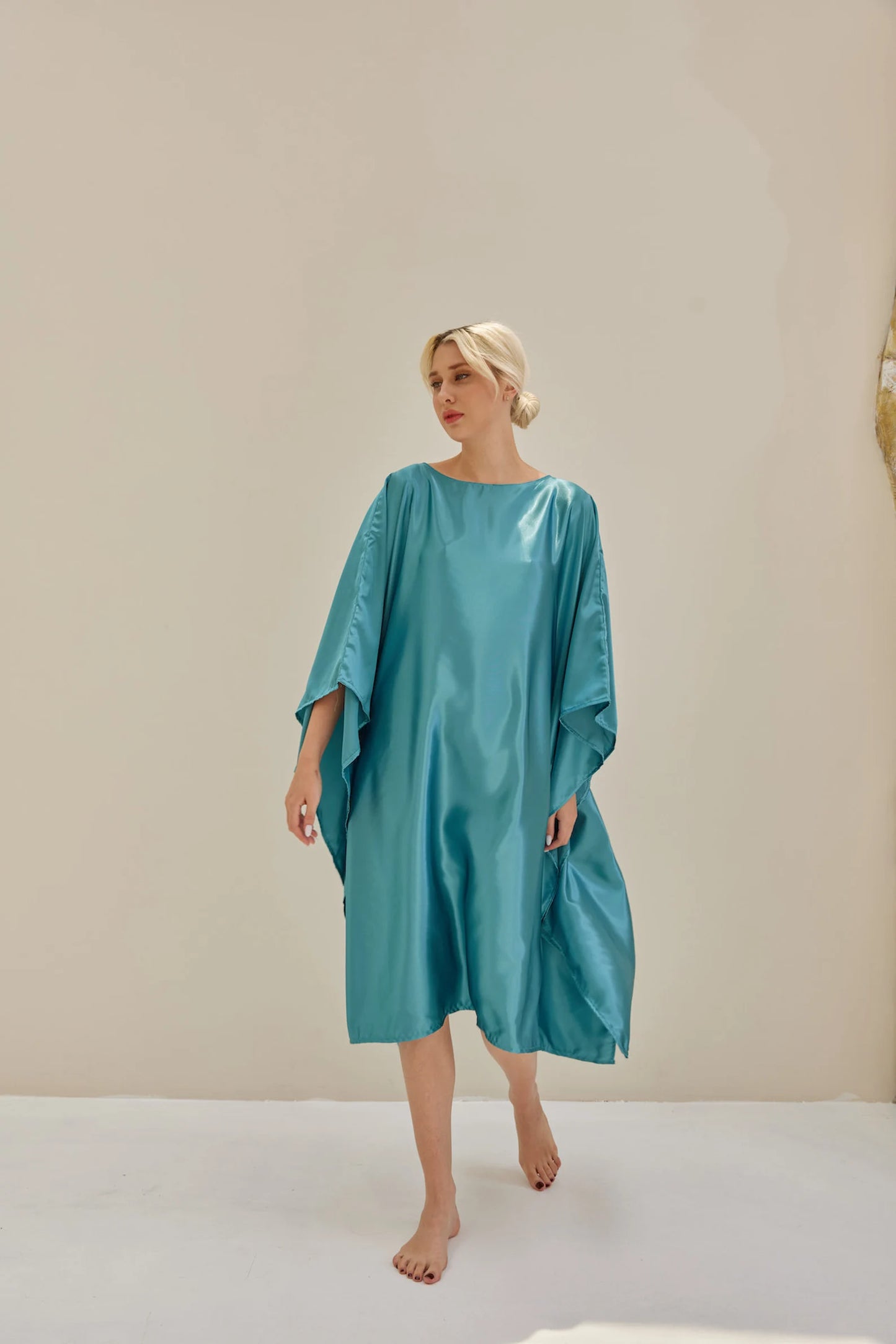 Turquoise Kaftan Blue Bat Wing Loose Silk Kaftan Dress Luxury Soft Dressing Gown