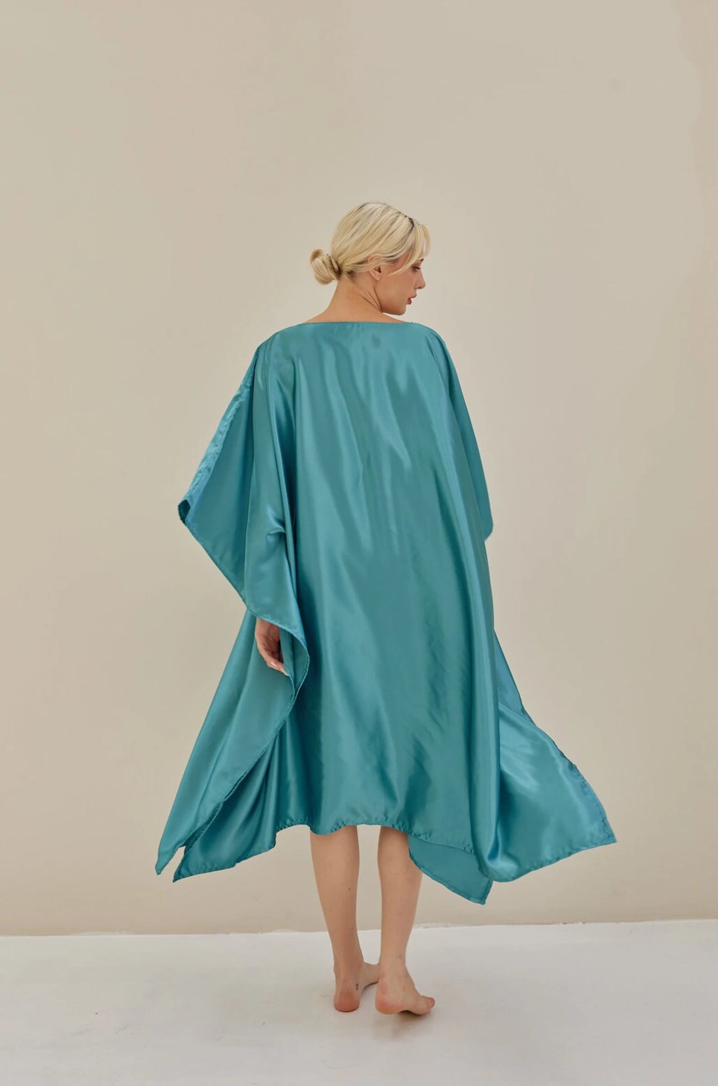 Turquoise Kaftan Blue Bat Wing Loose Silk Kaftan Dress Luxury Soft Dressing Gown