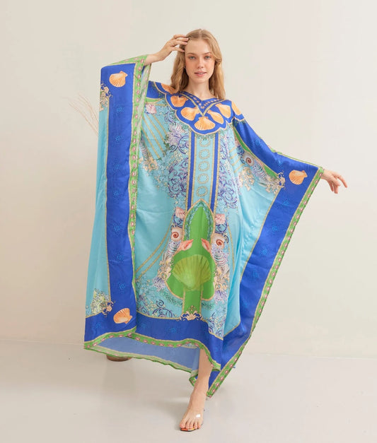 Under the Sea Blue Silk Summer Kaftan Beach Wear Boho Resort Wear Full Length