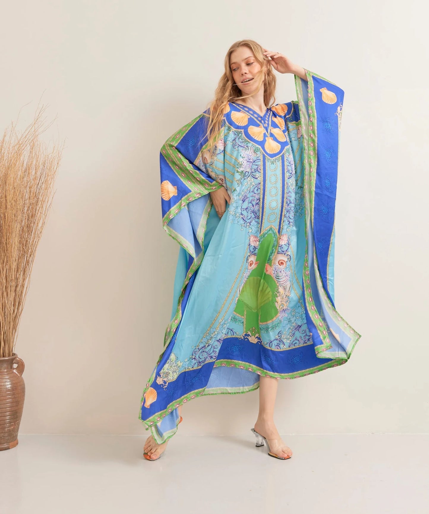 Under the Sea Blue Silk Summer Kaftan Beach Wear Boho Resort Wear Full Length