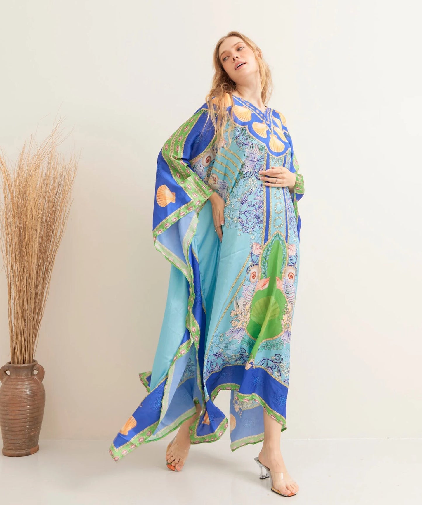 Under the Sea Blue Silk Summer Kaftan Beach Wear Boho Resort Wear Full Length