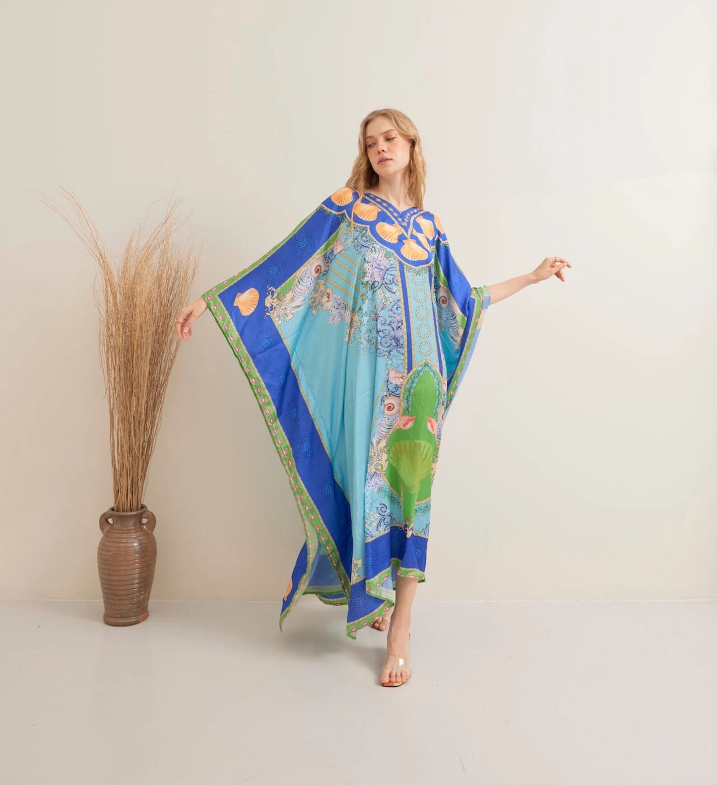 Under the Sea Blue Silk Summer Kaftan Beach Wear Boho Resort Wear Full Length