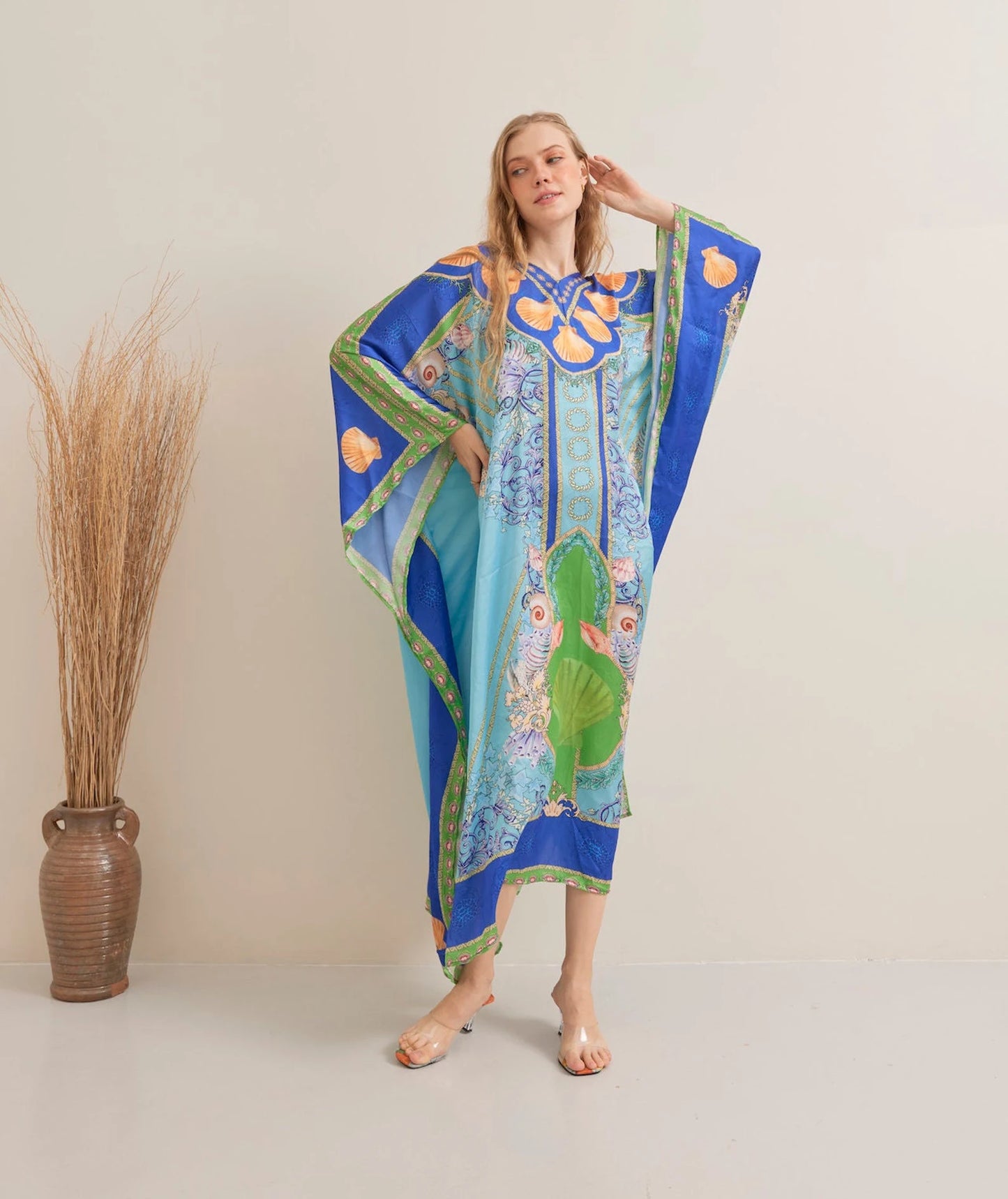 Under the Sea Blue Silk Summer Kaftan Beach Wear Boho Resort Wear Full Length