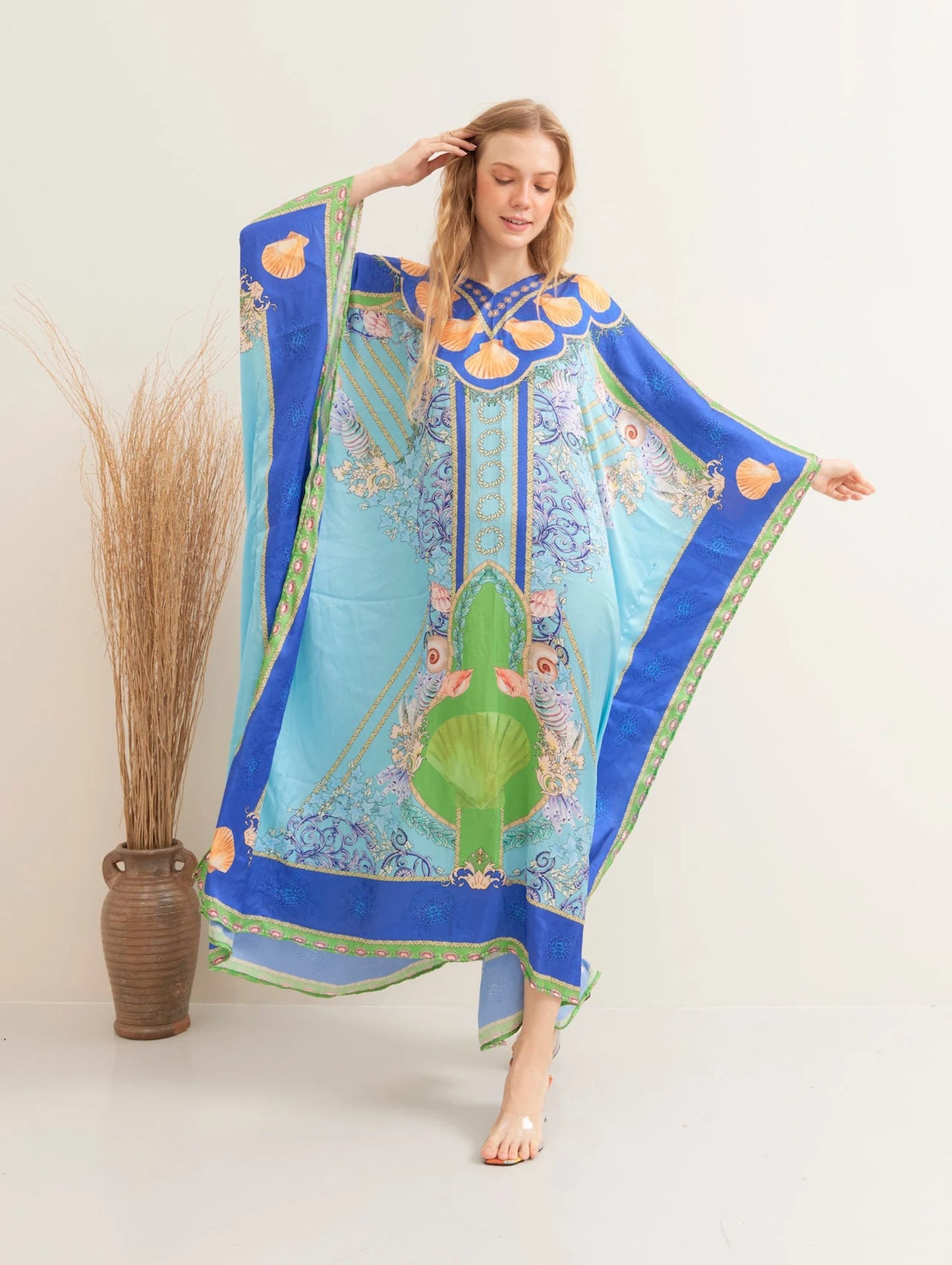 Under the Sea Blue Silk Summer Kaftan Beach Wear Boho Resort Wear Full Length