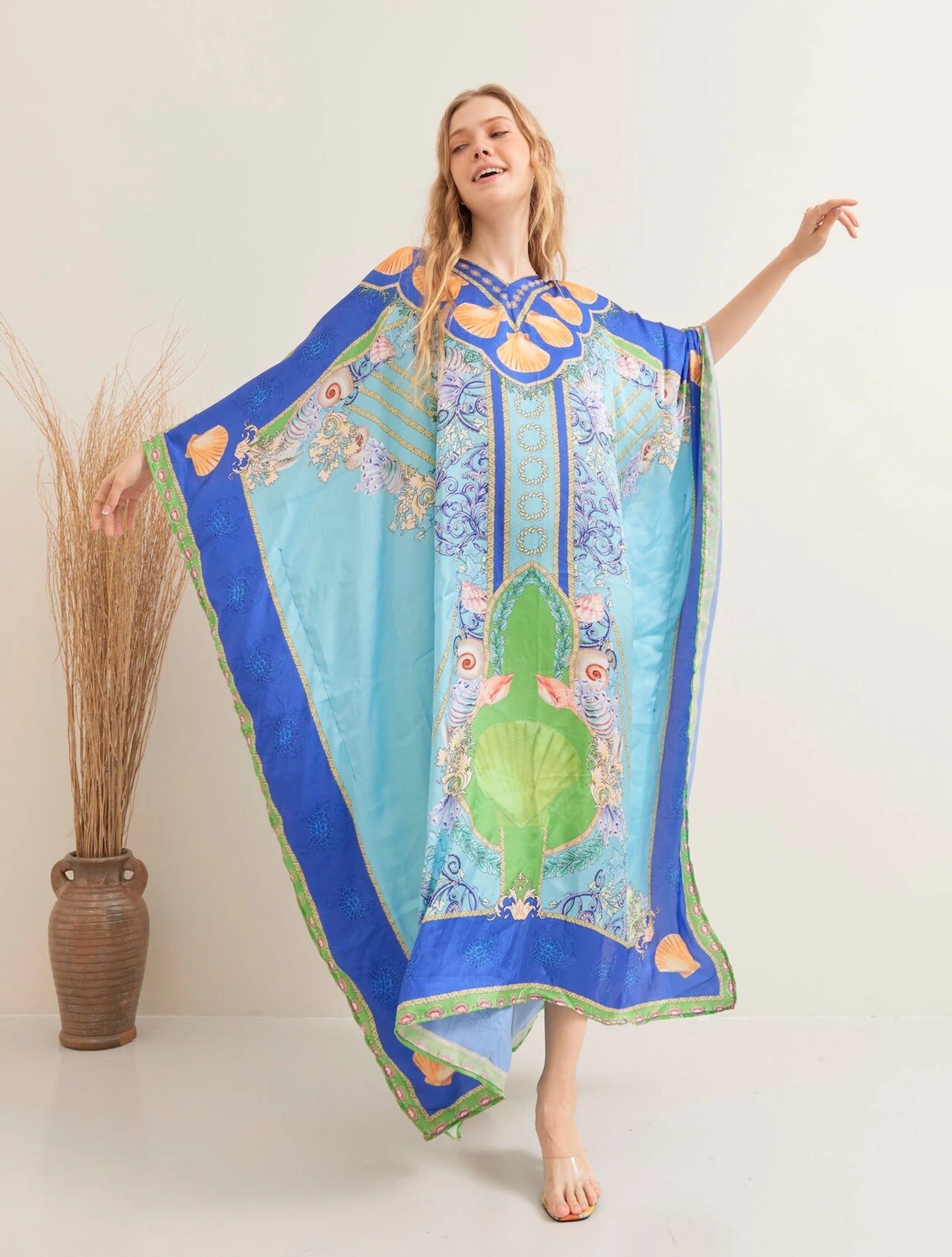 Under the Sea Blue Silk Summer Kaftan Beach Wear Boho Resort Wear Full Length