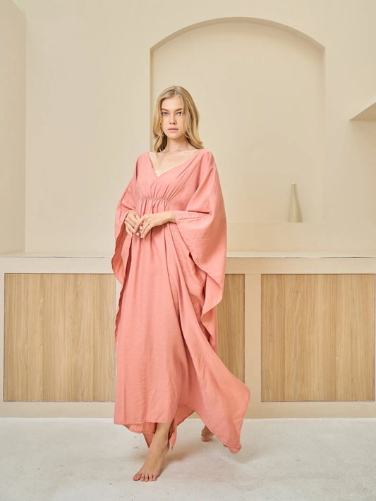 V-Neck Salmon Pink Japan Silk Kaftan Flowy Women Plus Size Dress