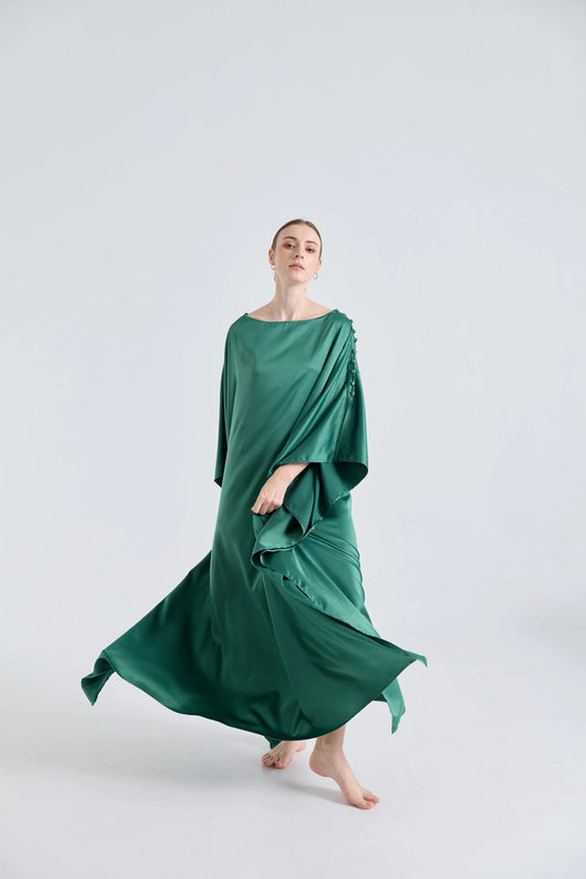 Vibrant Dark Green silk charmeuse Button Shoulder Kaftan Spring Summer Dress