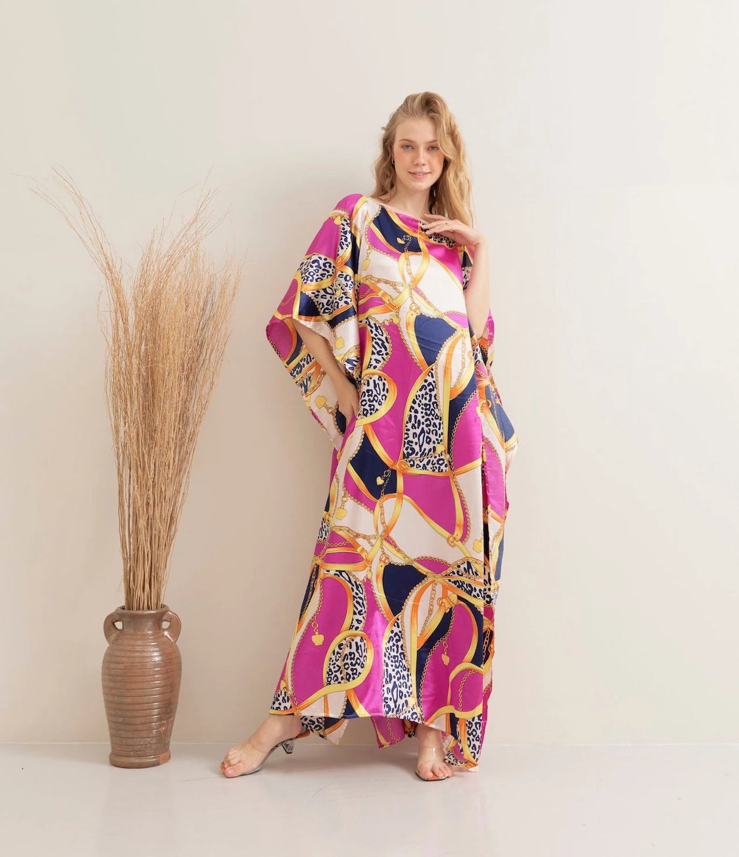 Vibrant Lady Pink Kaftan Maxi Dress Lounge Wear Silk Long Robe