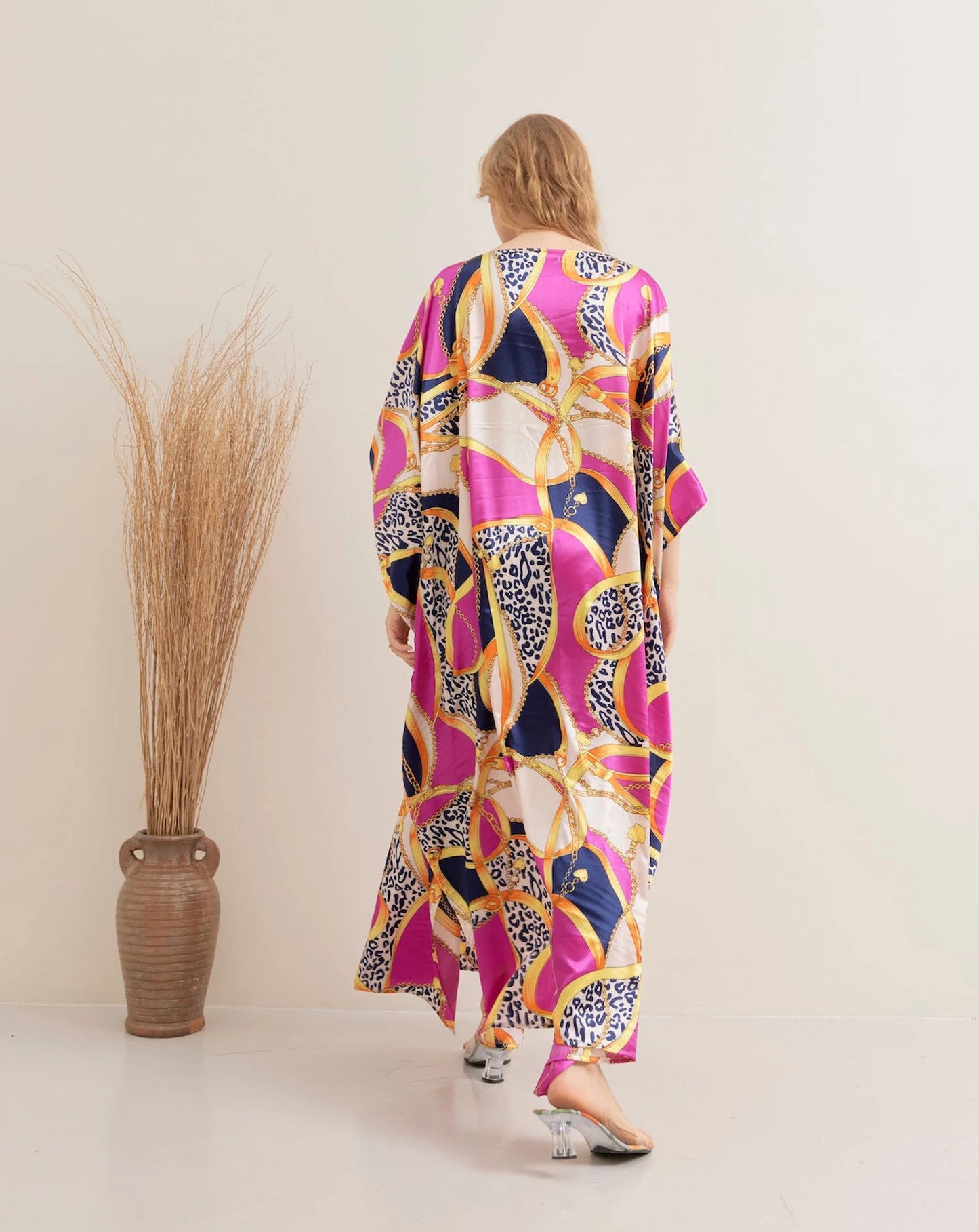 Vibrant Lady Pink Kaftan Maxi Dress Lounge Wear Silk Long Robe