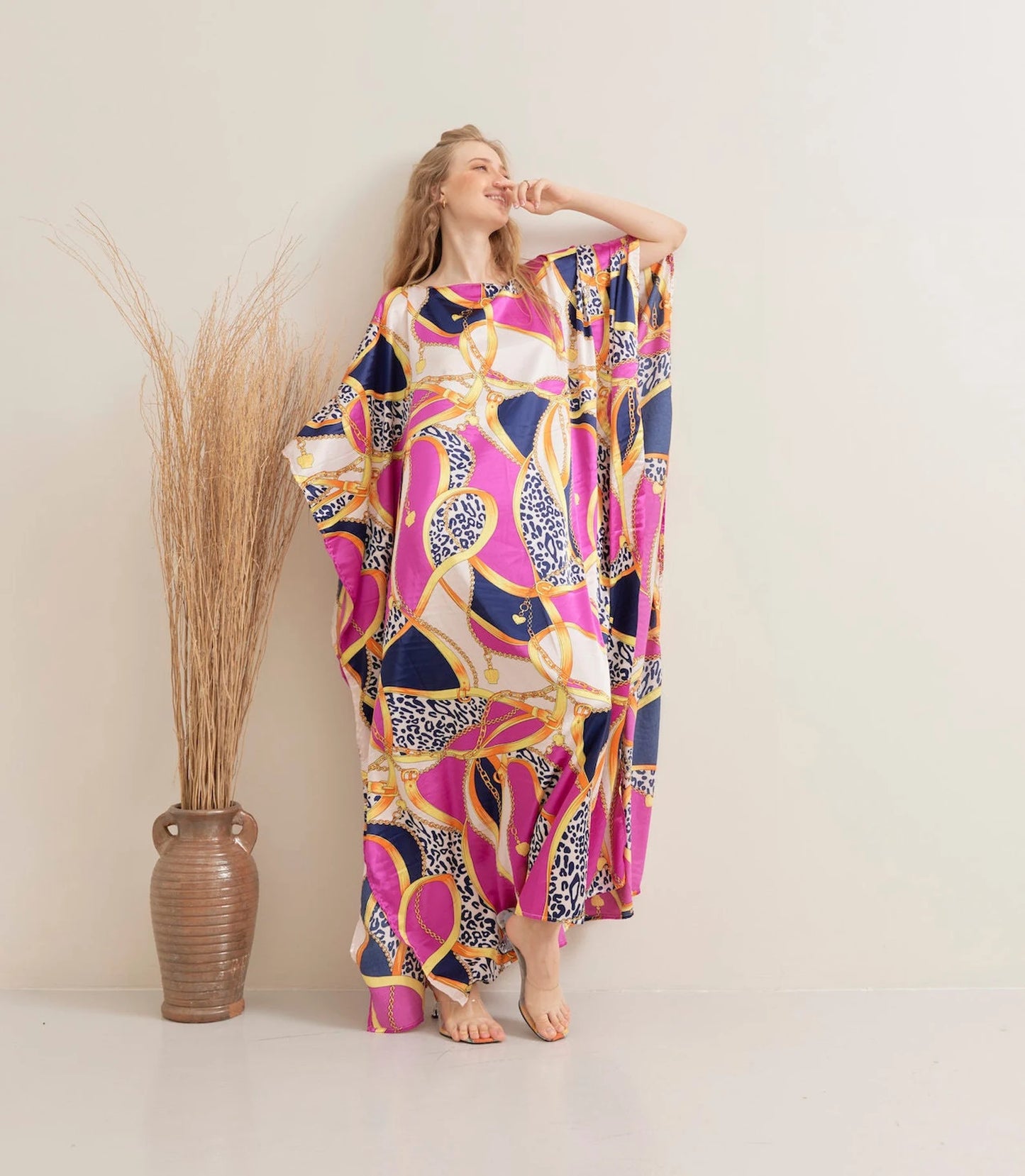 Vibrant Lady Pink Kaftan Maxi Dress Lounge Wear Silk Long Robe