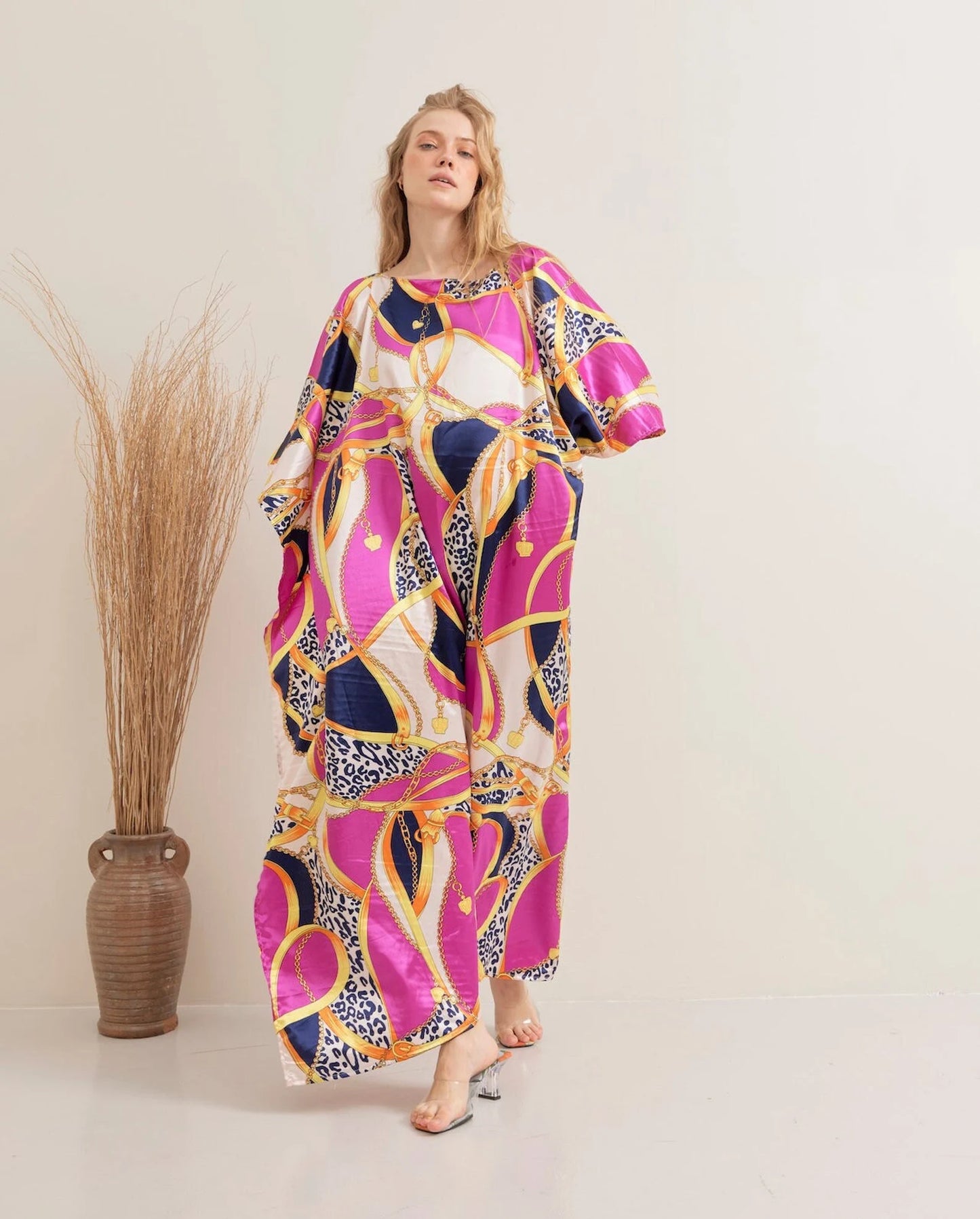 Vibrant Lady Pink Kaftan Maxi Dress Lounge Wear Silk Long Robe