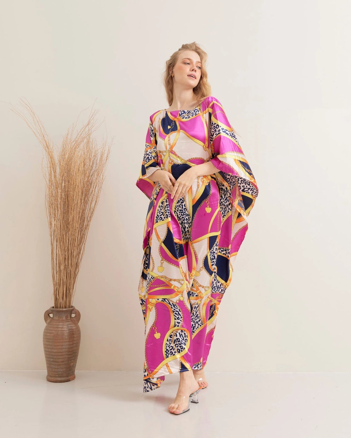 Vibrant Lady Pink Kaftan Maxi Dress Lounge Wear Silk Long Robe