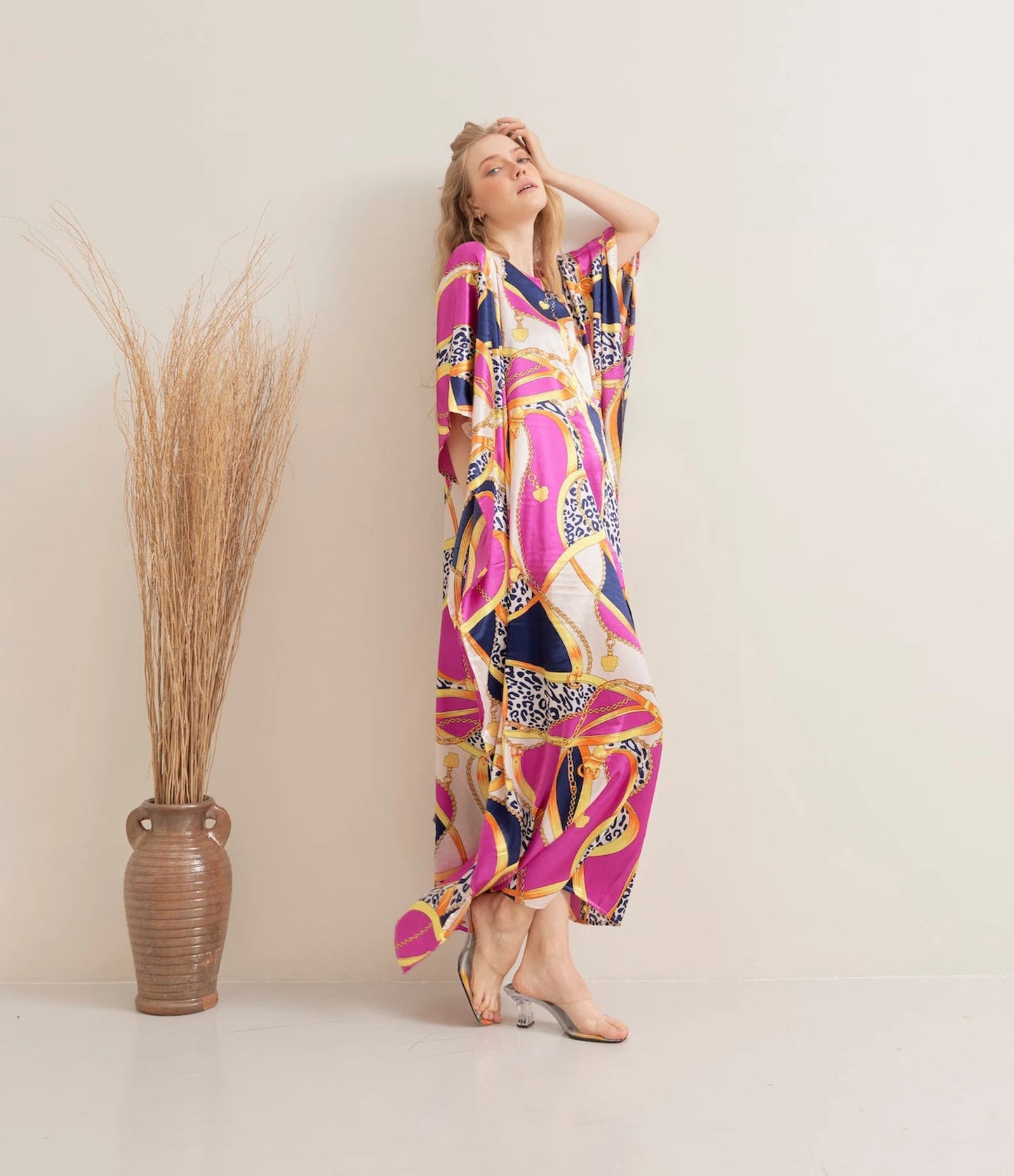 Vibrant Lady Pink Kaftan Maxi Dress Lounge Wear Silk Long Robe