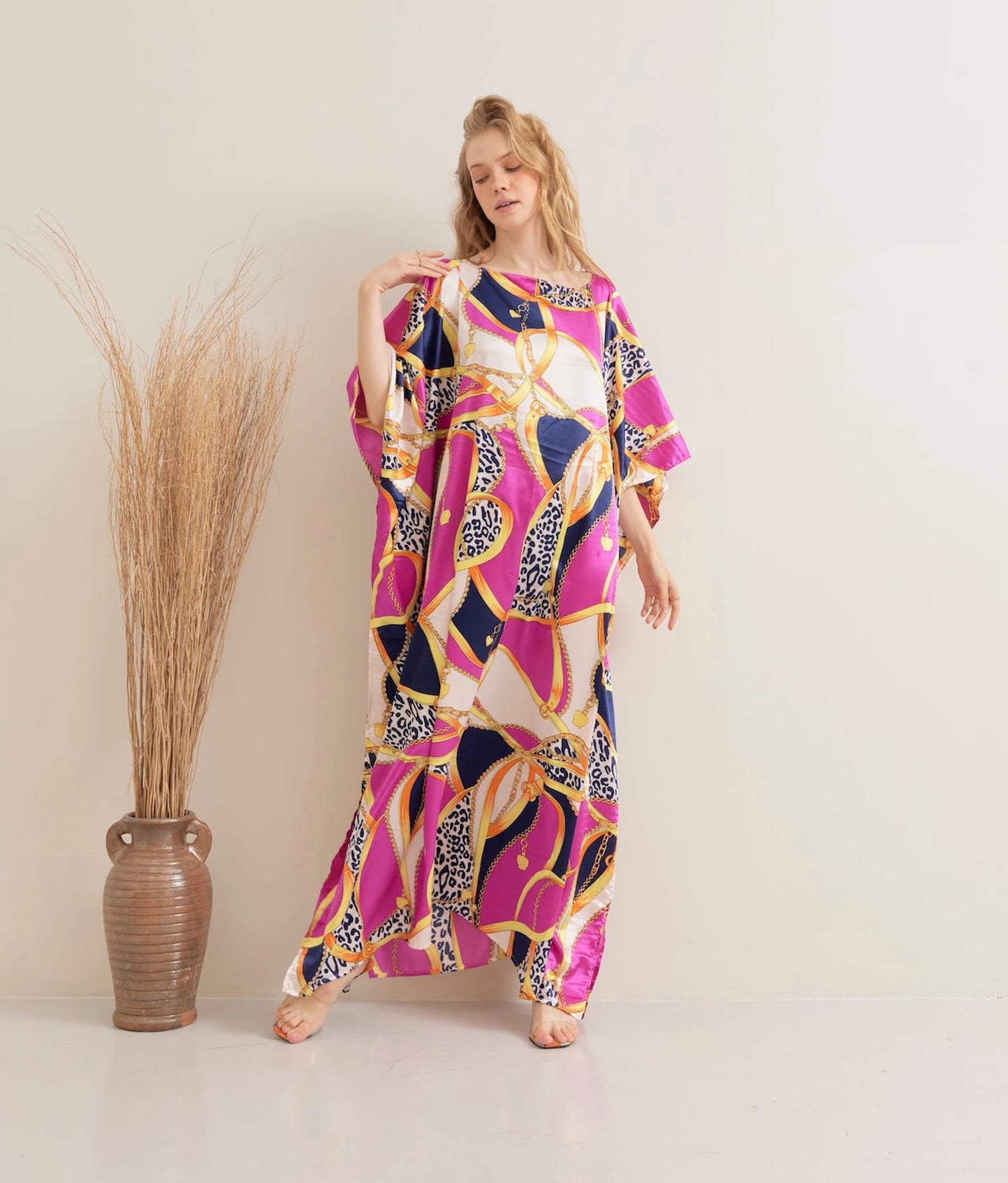 Vibrant Lady Pink Kaftan Maxi Dress Lounge Wear Silk Long Robe