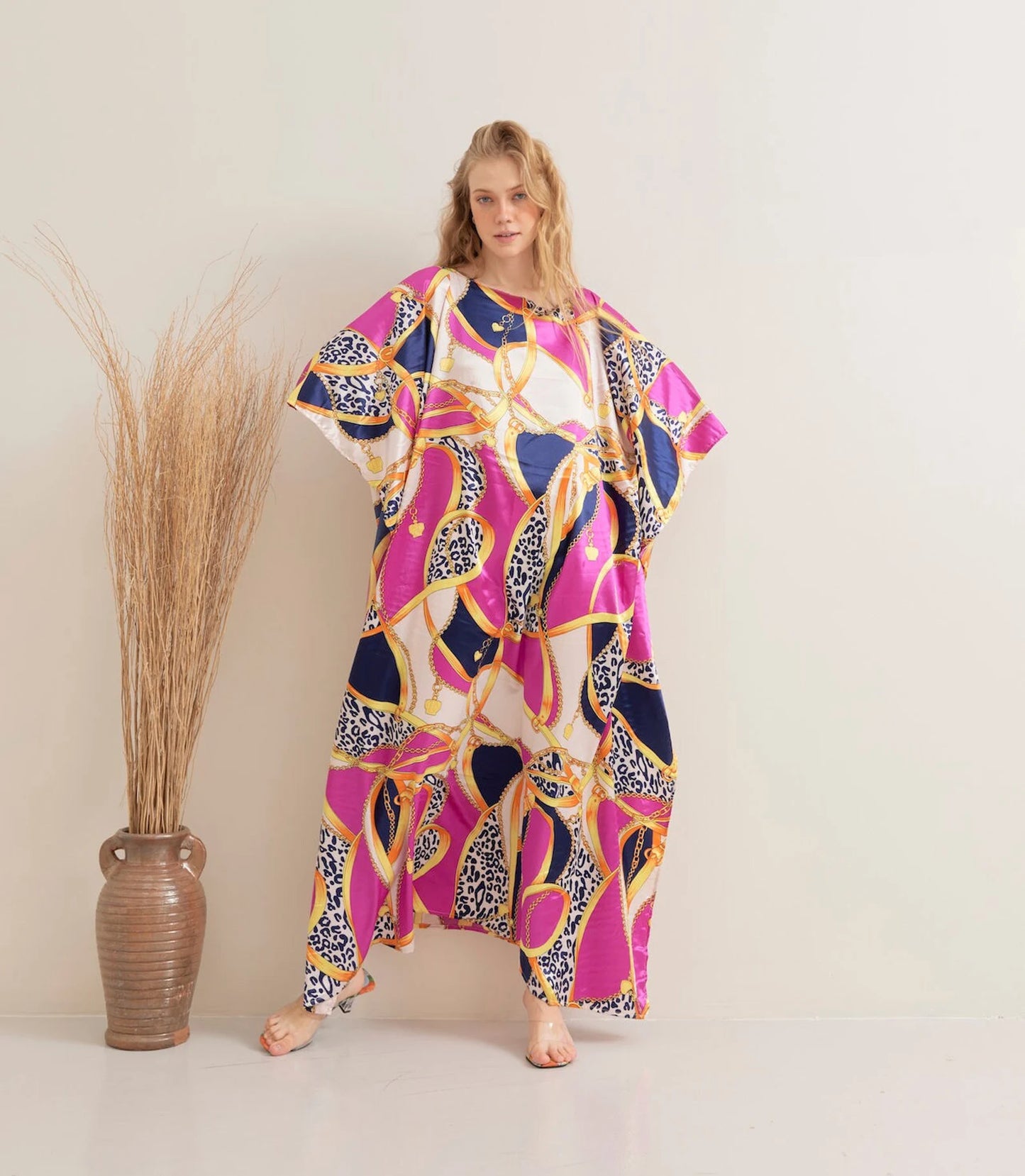 Vibrant Lady Pink Kaftan Maxi Dress Lounge Wear Silk Long Robe