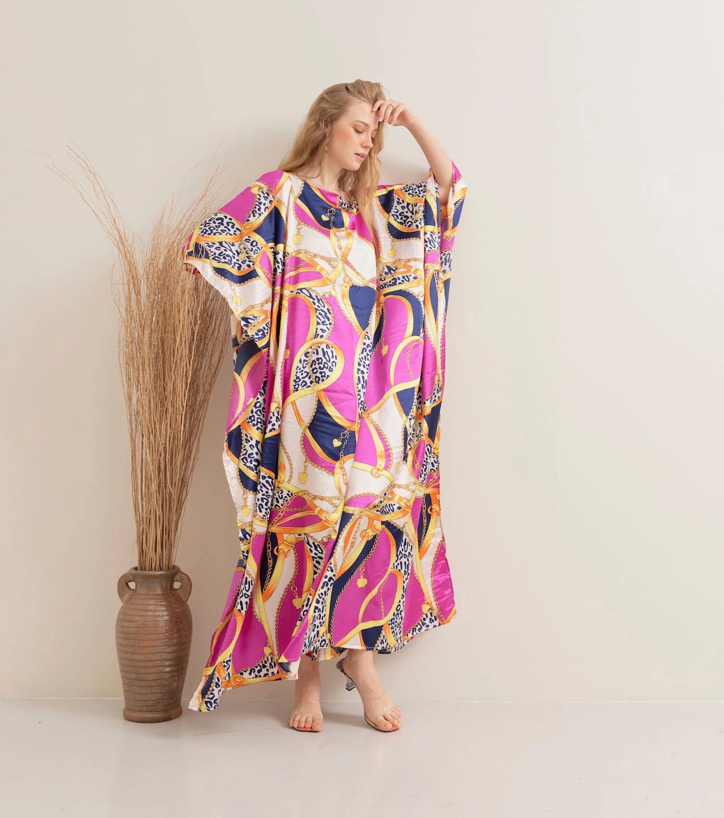 Vibrant Lady Pink Kaftan Maxi Dress Lounge Wear Silk Long Robe