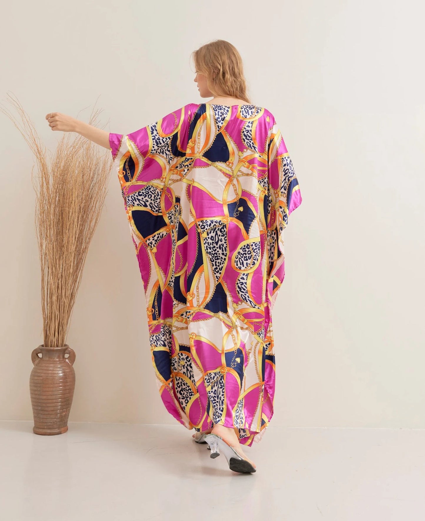 Vibrant Lady Pink Kaftan Maxi Dress Lounge Wear Silk Long Robe