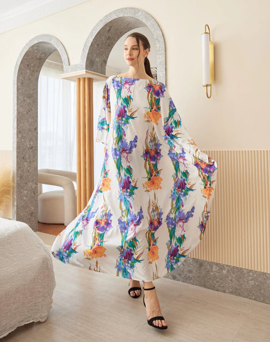 White Orchid Watercolor Abstract Silk Kaftan Dress Luxury Soft