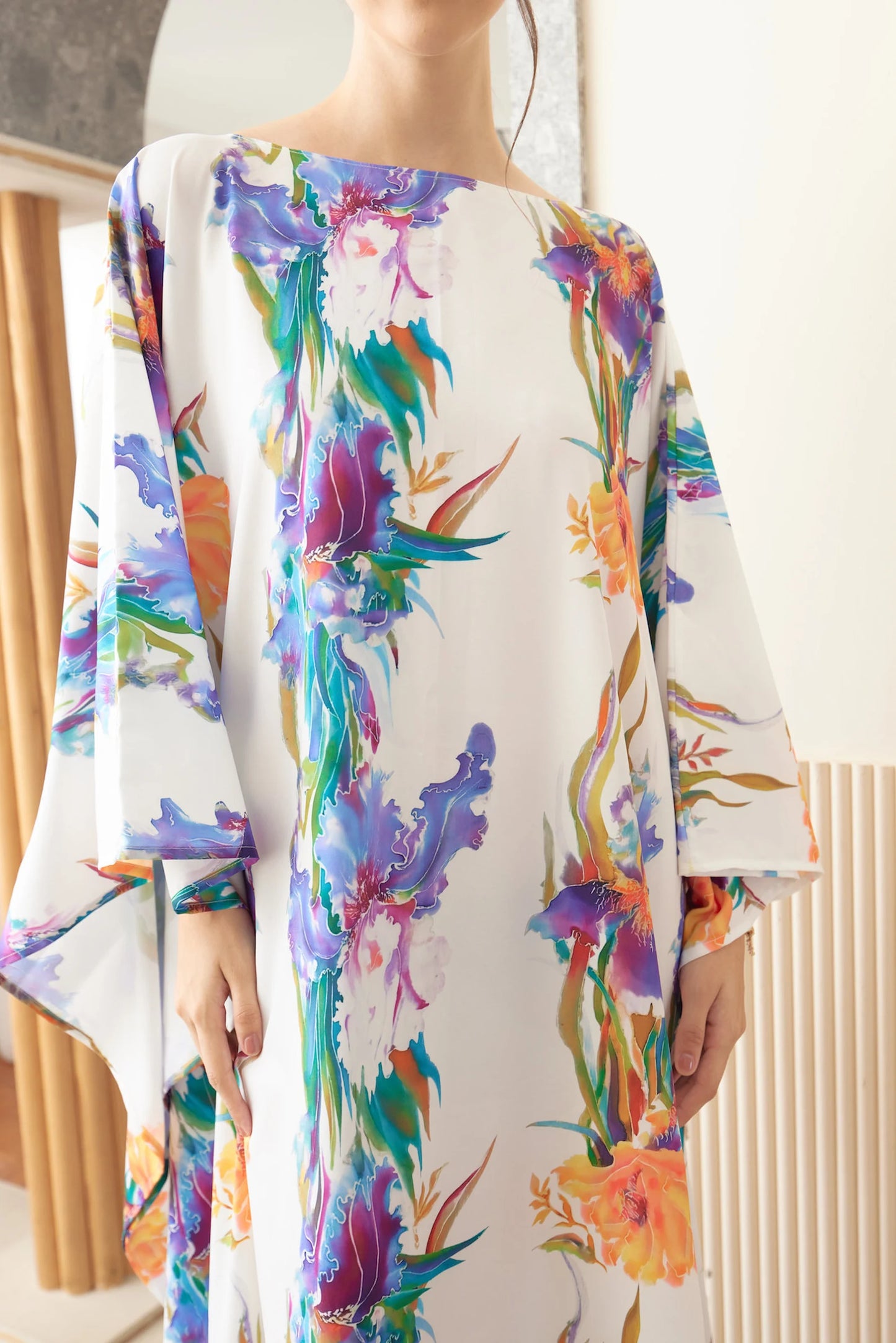 White Orchid Watercolor Abstract Silk Kaftan Dress Luxury Soft