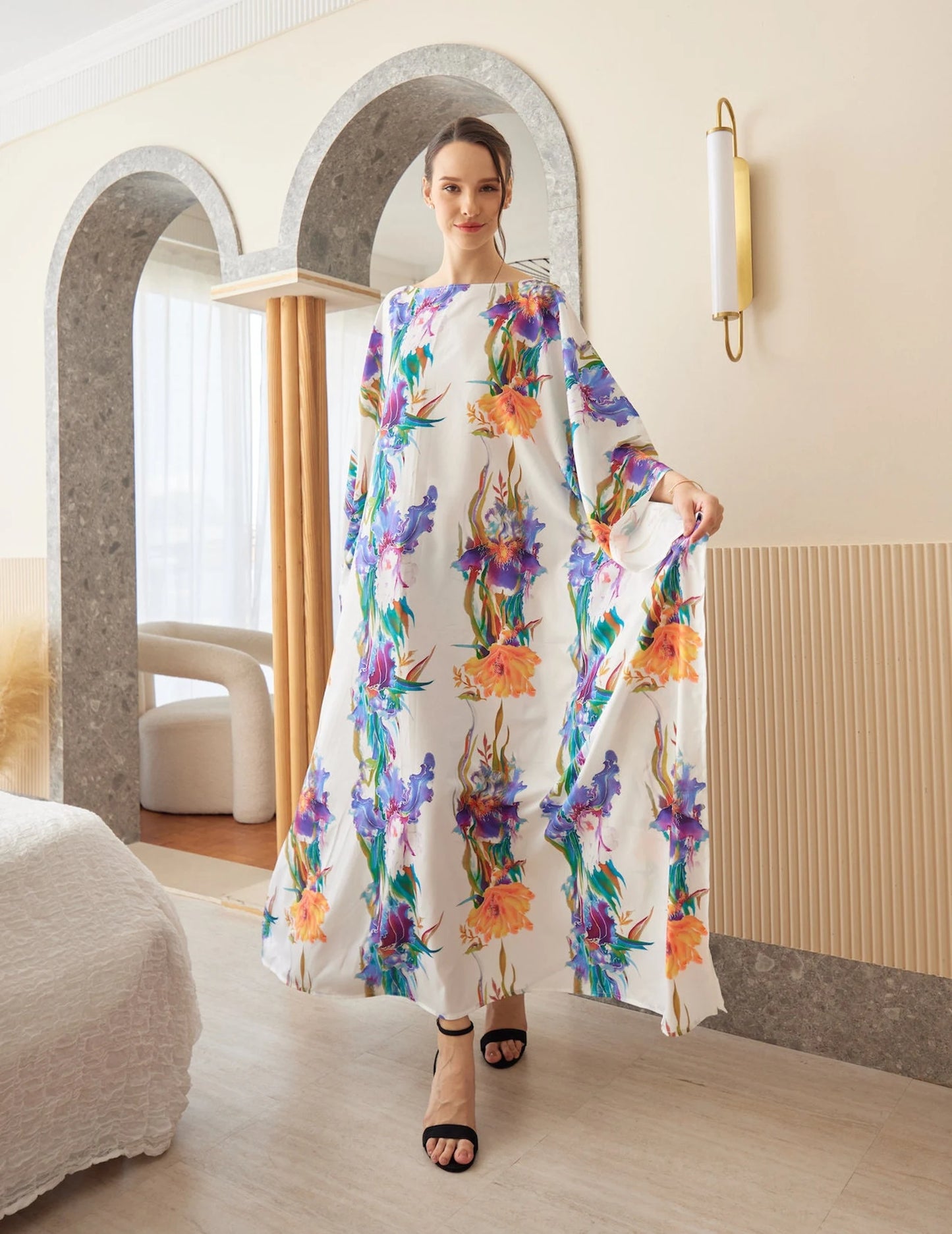 White Orchid Watercolor Abstract Silk Kaftan Dress Luxury Soft