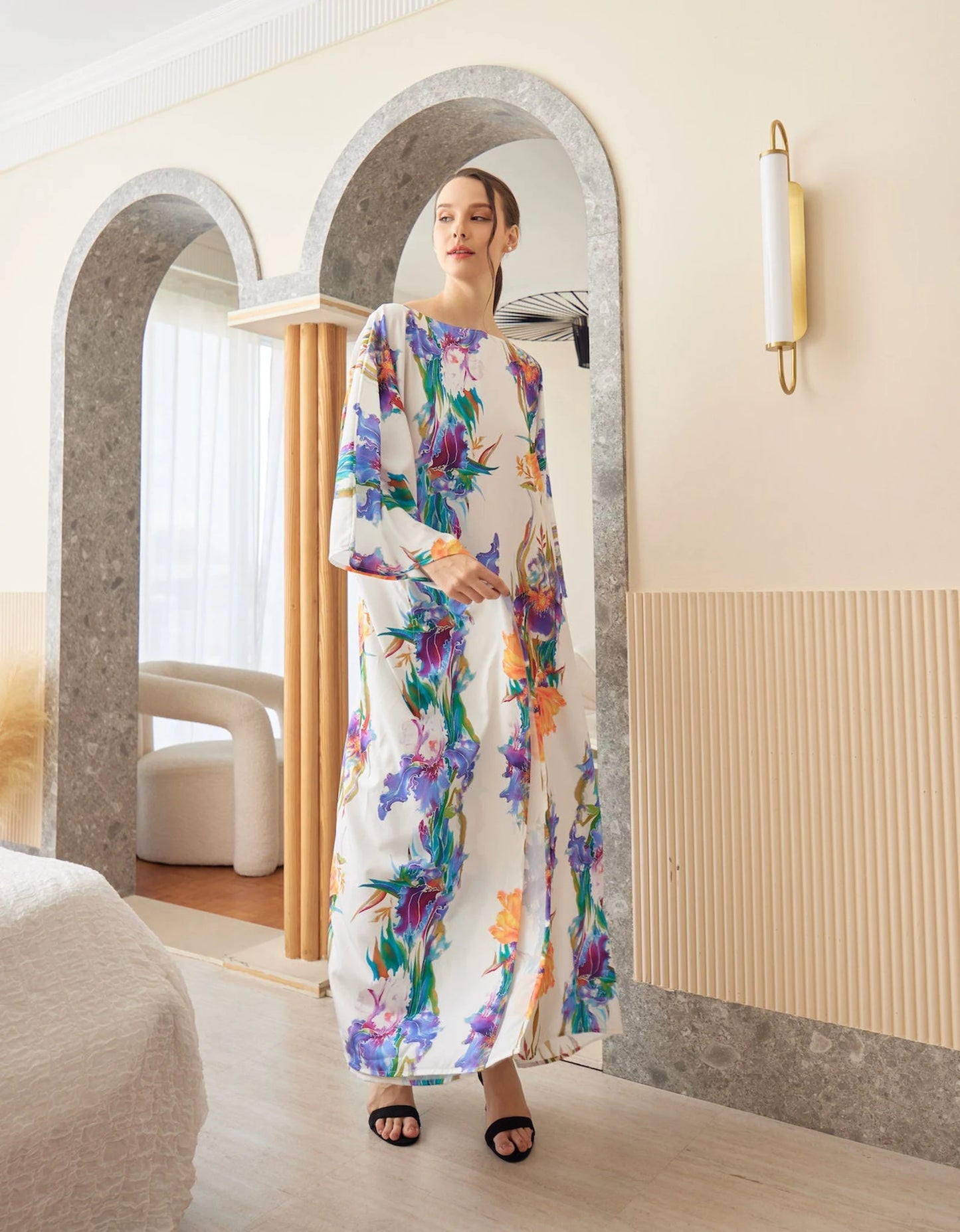 White Orchid Watercolor Abstract Silk Kaftan Dress Luxury Soft