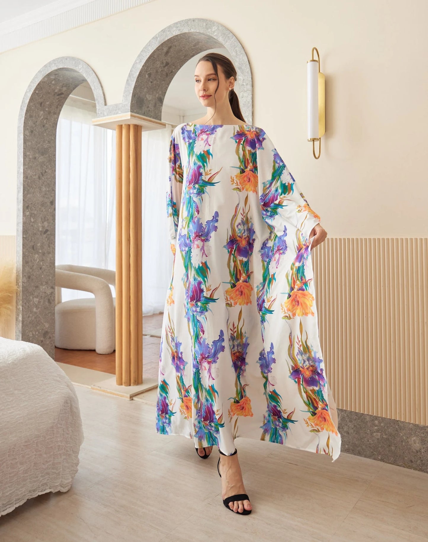 White Orchid Watercolor Abstract Silk Kaftan Dress Luxury Soft