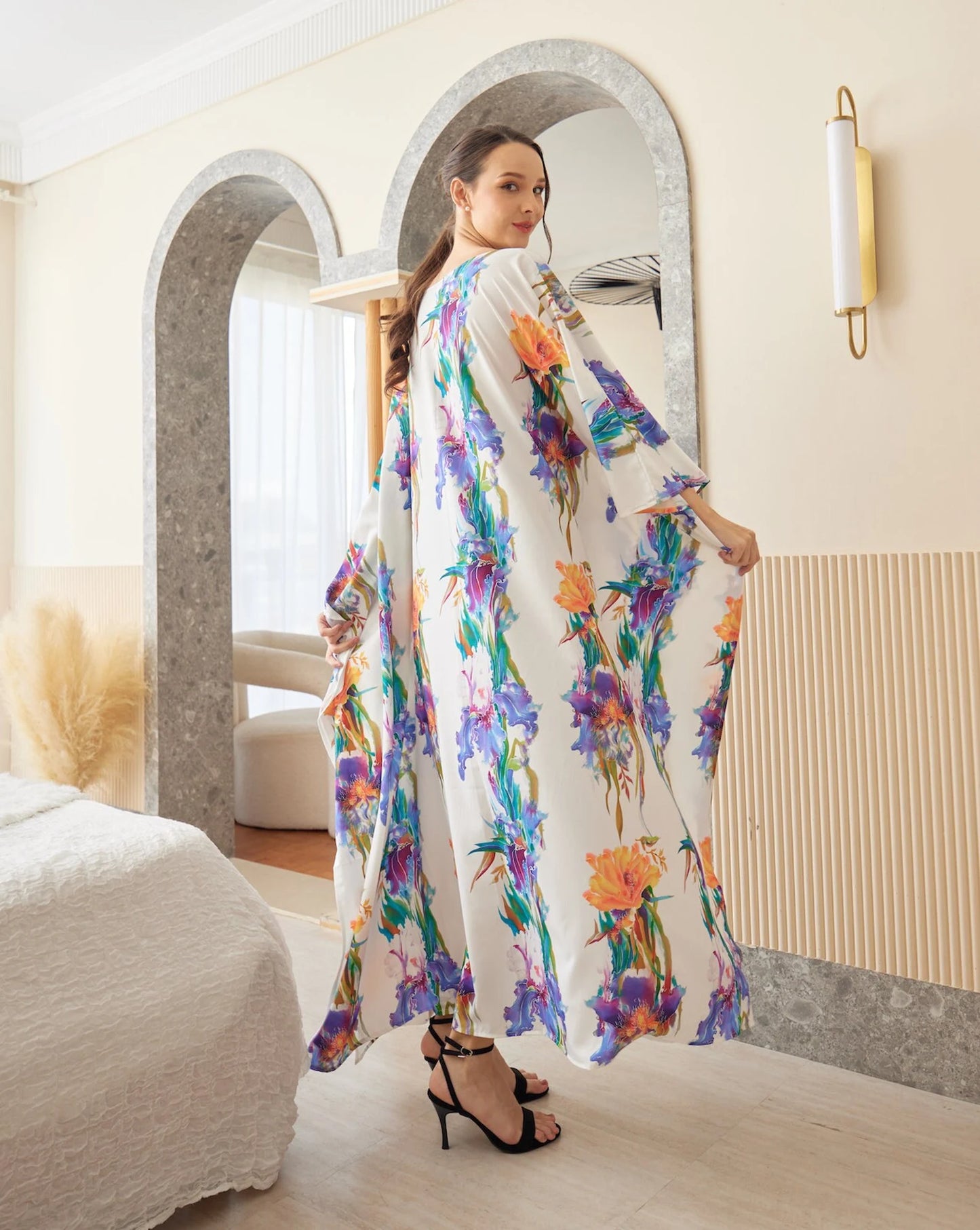 White Orchid Watercolor Abstract Silk Kaftan Dress Luxury Soft