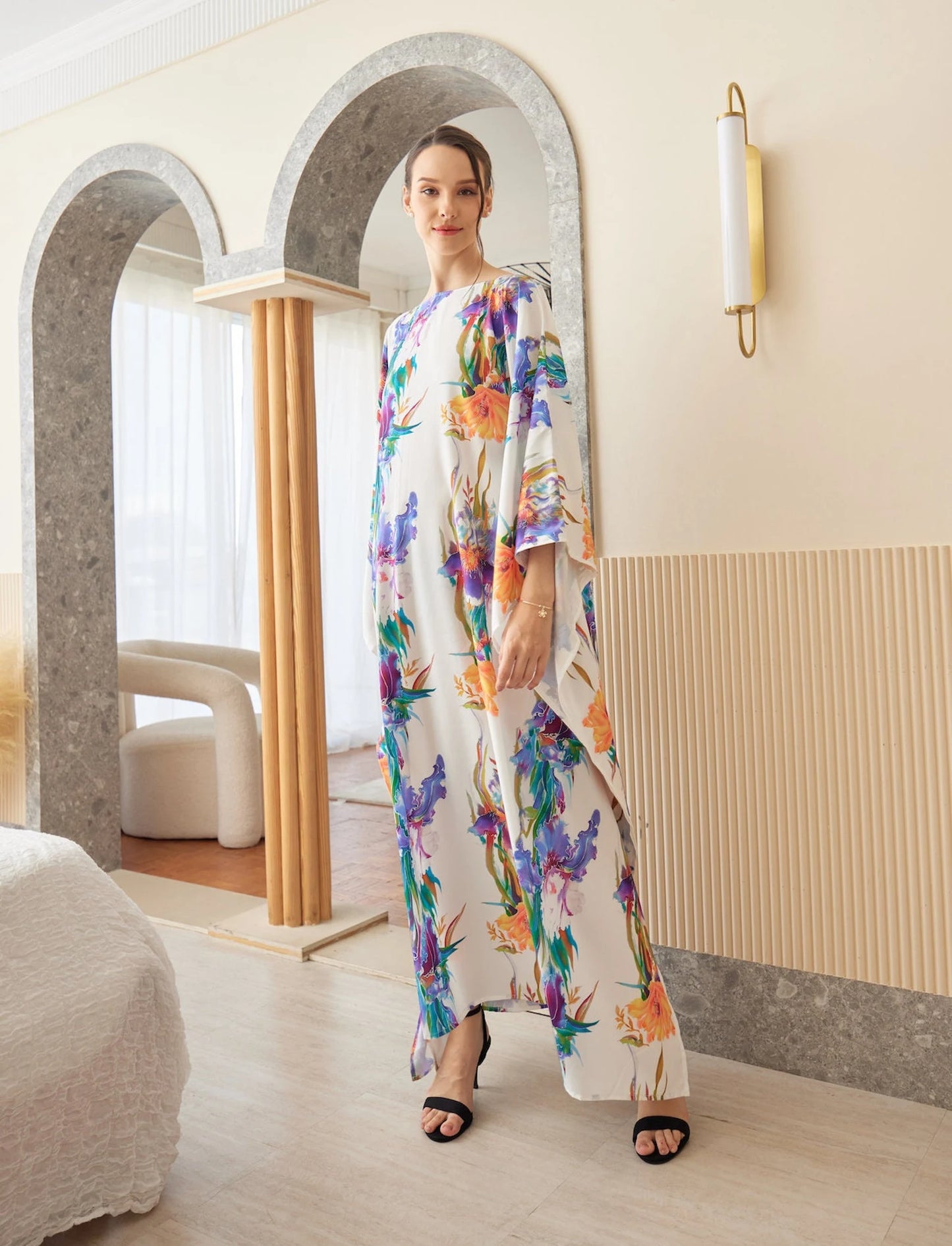 White Orchid Watercolor Abstract Silk Kaftan Dress Luxury Soft