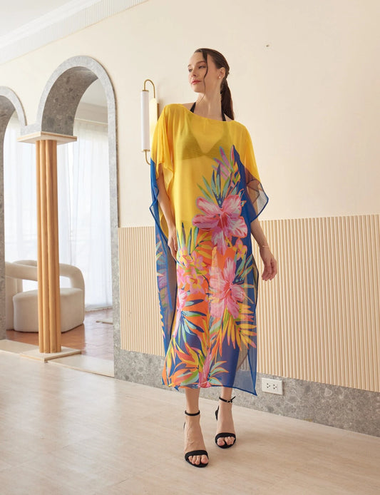 Yellow Blue Japanese Chiffon Floral Spring Summer Print Kaftan Evening Dress