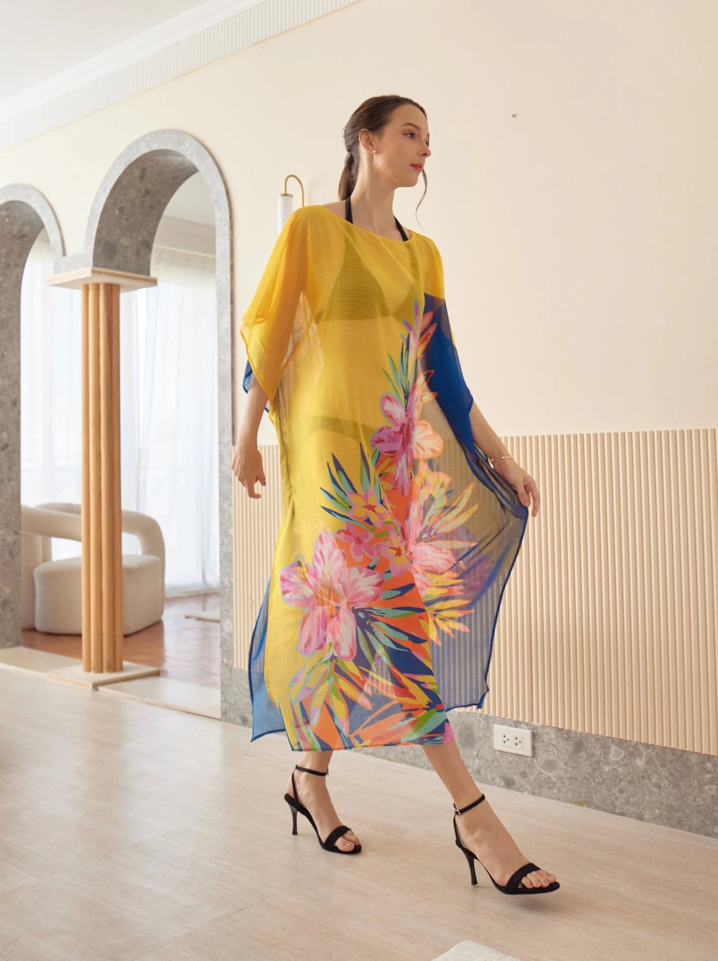 Yellow Blue Japanese Chiffon Floral Spring Summer Print Kaftan Evening Dress