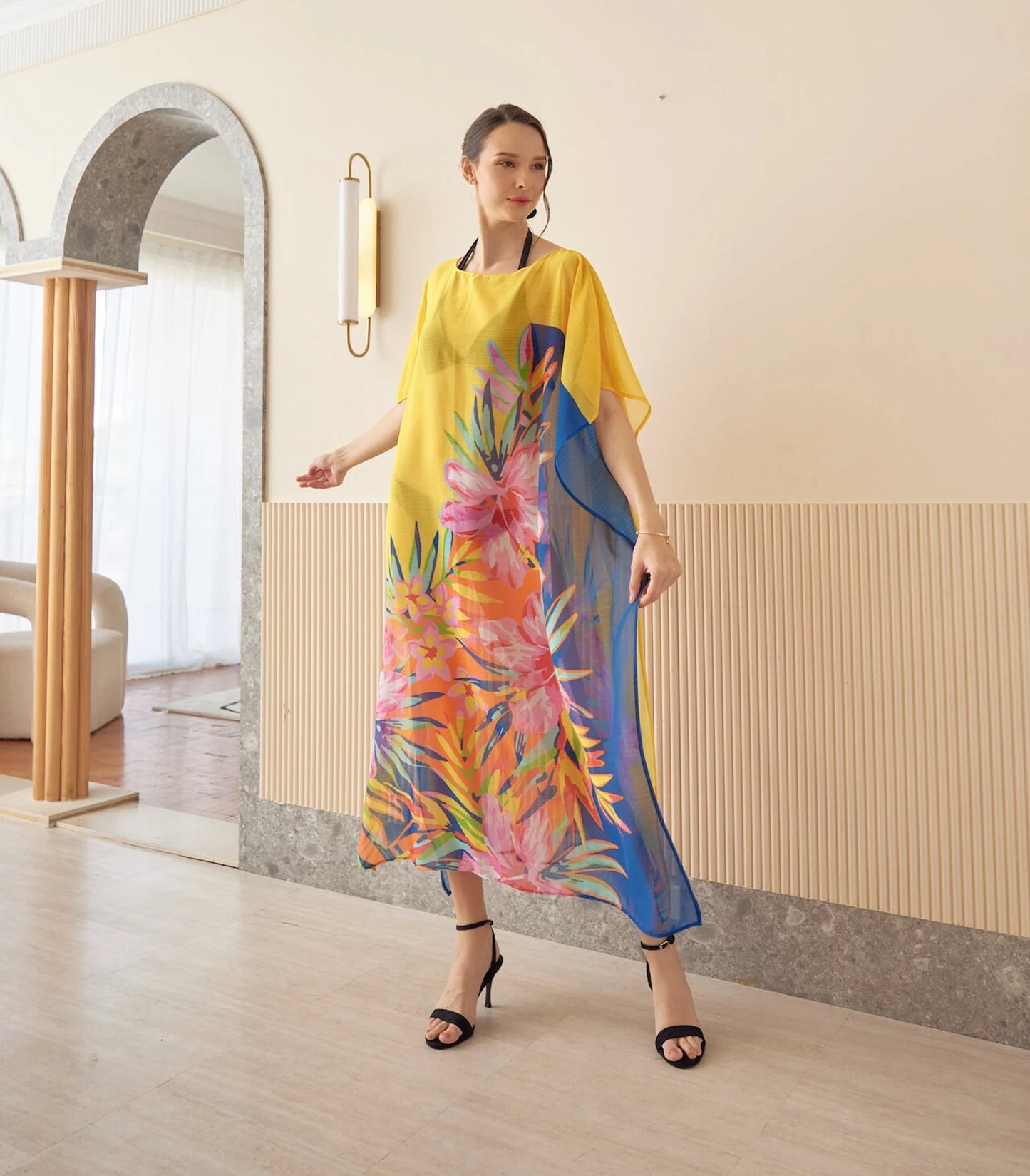 Yellow Blue Japanese Chiffon Floral Spring Summer Print Kaftan Evening Dress