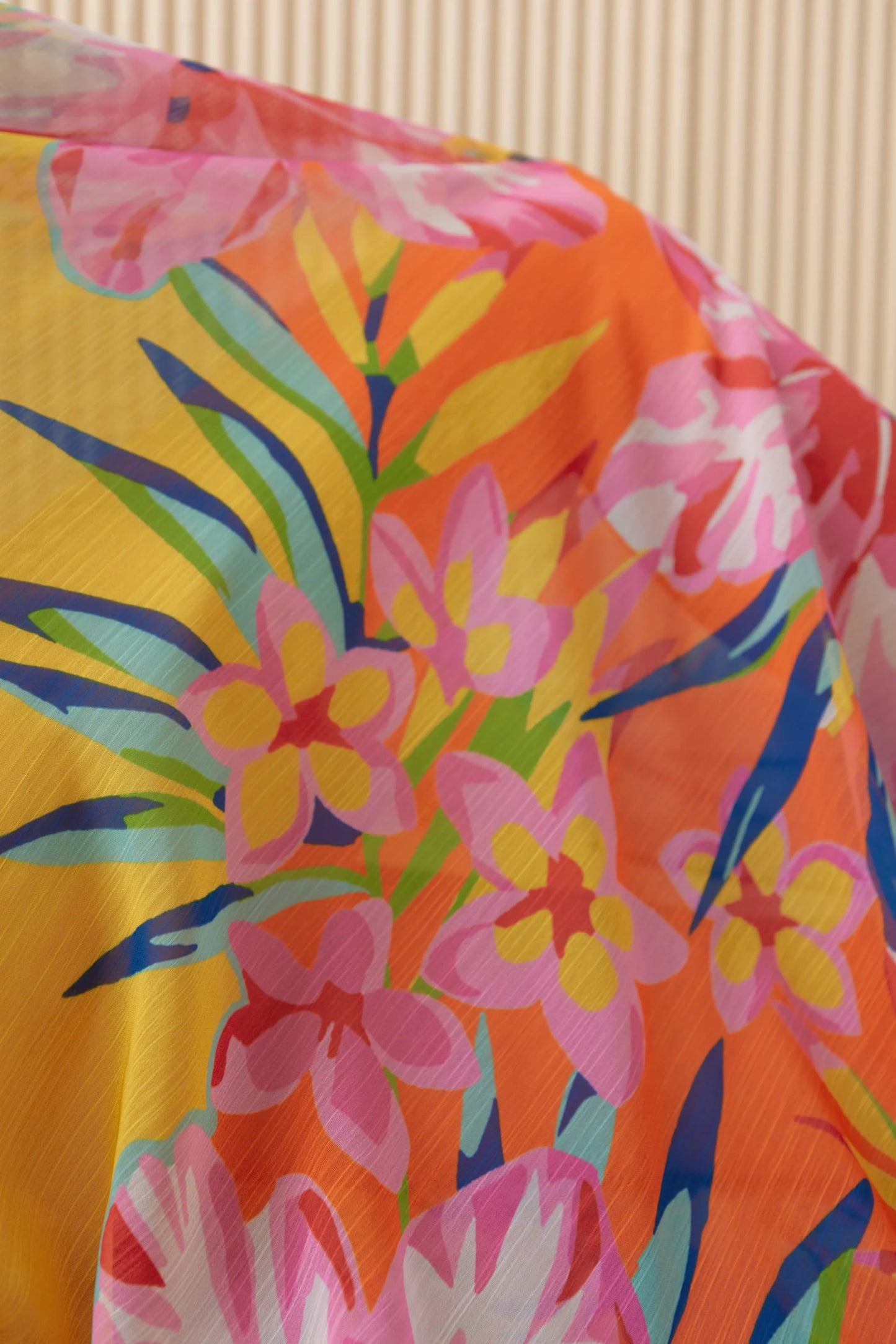 Yellow Blue Japanese Chiffon Floral Spring Summer Print Kaftan Evening Dress