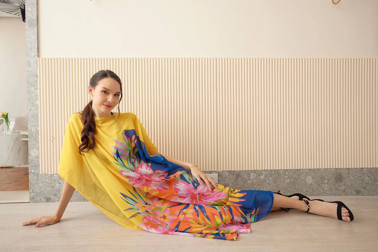 Yellow Blue Japanese Chiffon Floral Spring Summer Print Kaftan Evening Dress