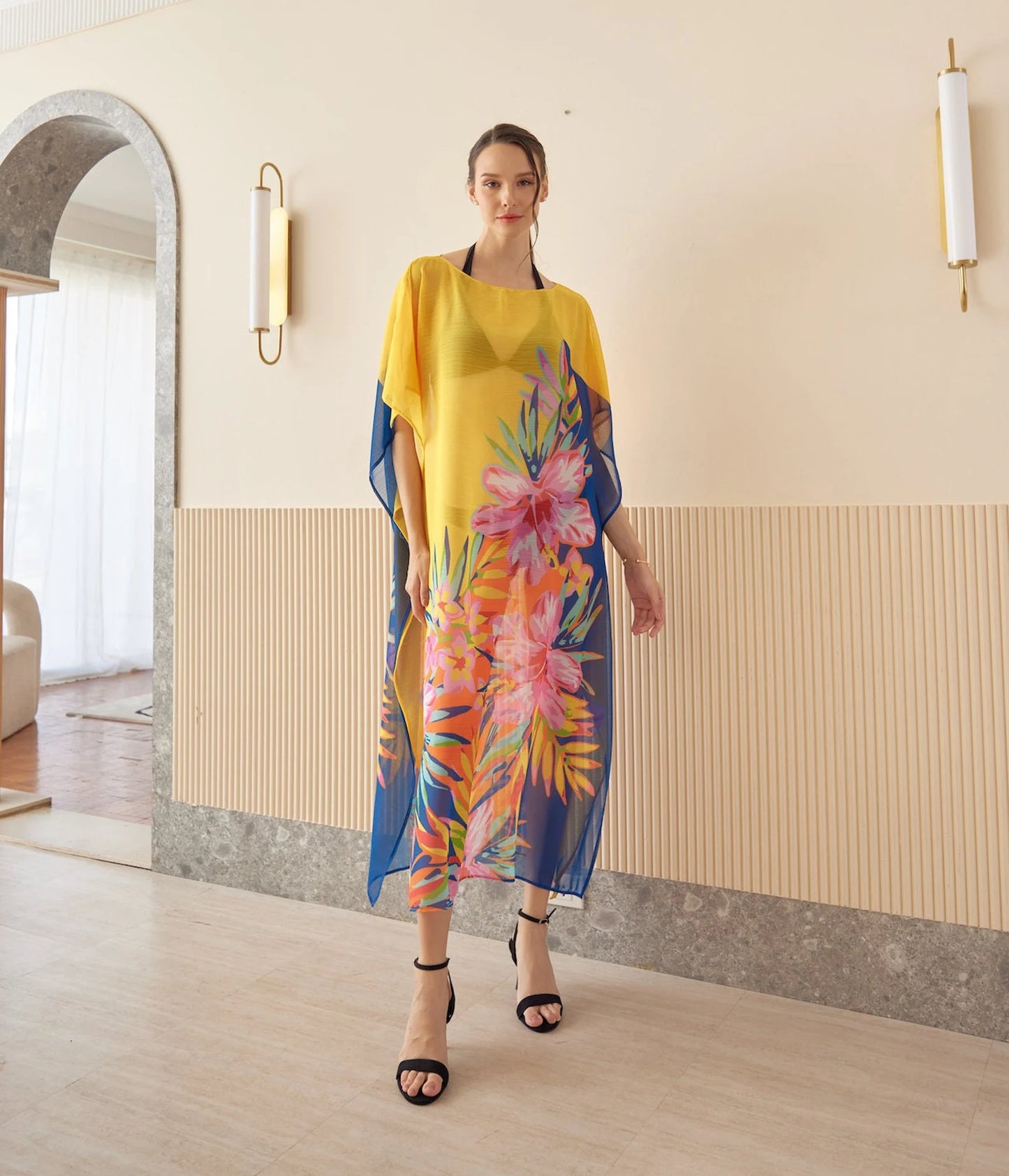 Yellow Blue Japanese Chiffon Floral Spring Summer Print Kaftan Evening Dress