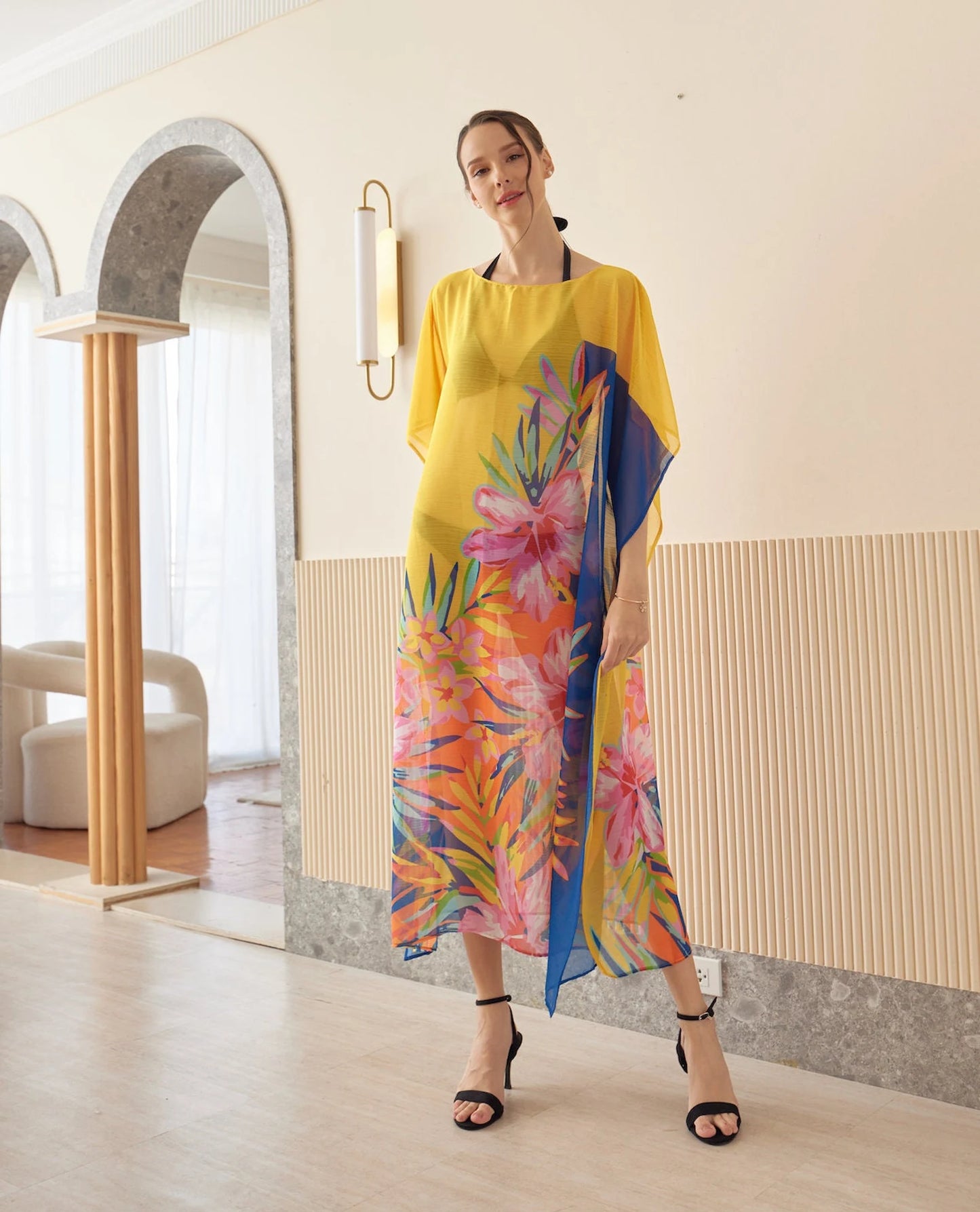 Yellow Blue Japanese Chiffon Floral Spring Summer Print Kaftan Evening Dress