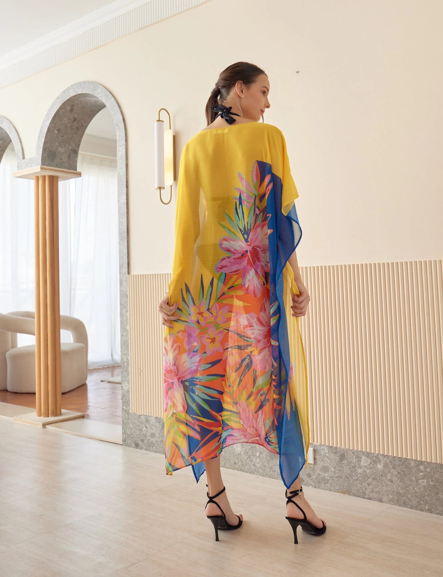 Yellow Blue Japanese Chiffon Floral Spring Summer Print Kaftan Evening Dress