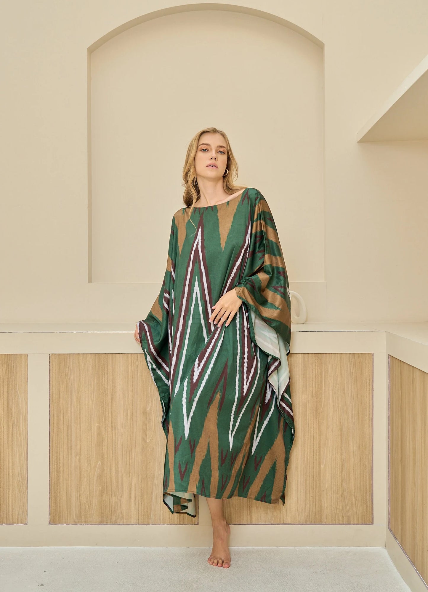 Boho Dark Green Ikat Print Kaftan Dress