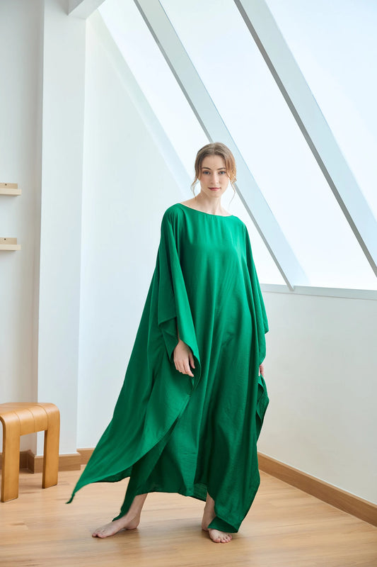 Paris Silk Peacock Green Natural Kaftan Dress